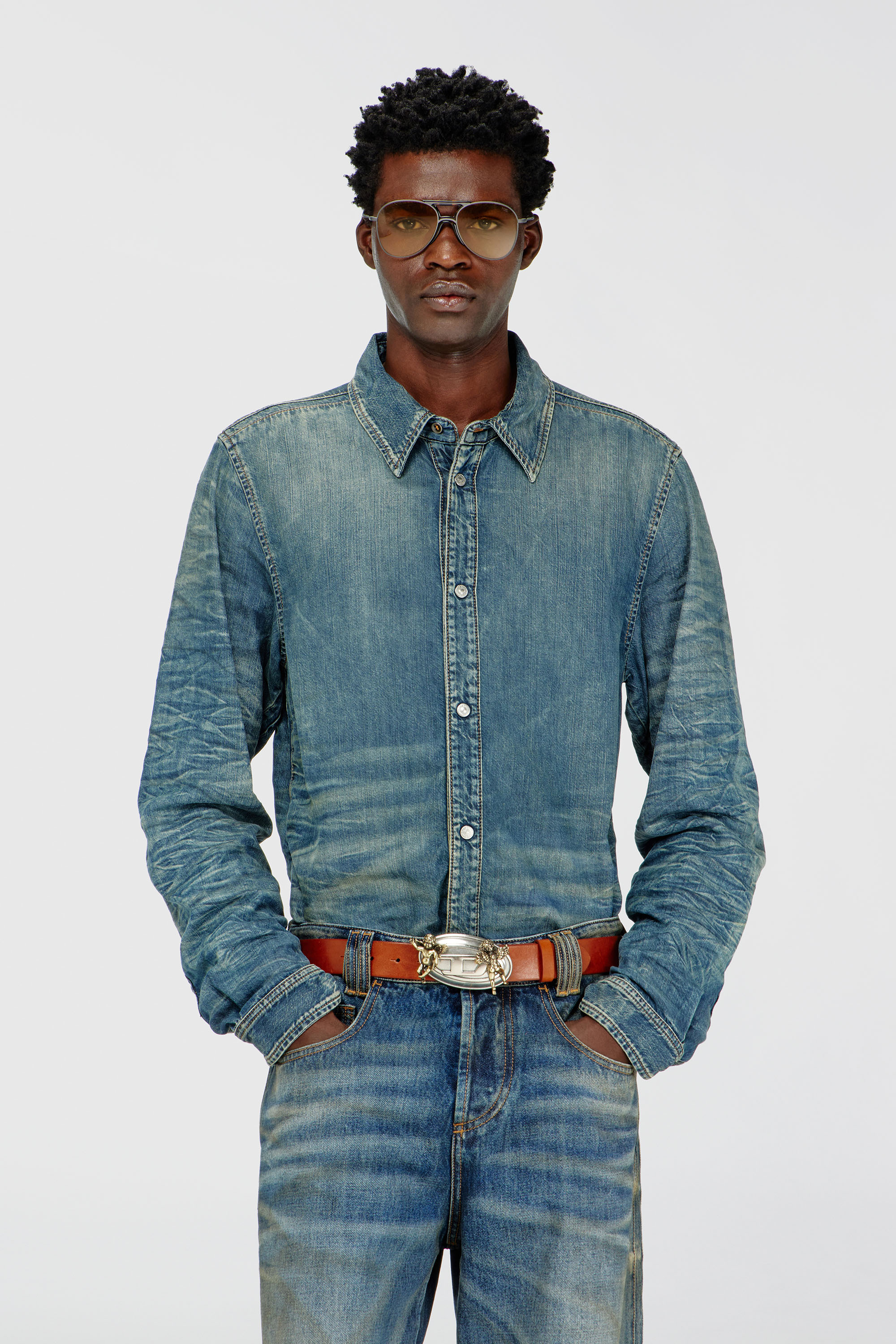 Diesel - D-SYNAR-FSJ4, Herren Hemd aus Denim mit Knitter- und Used-Effekt in null - 1