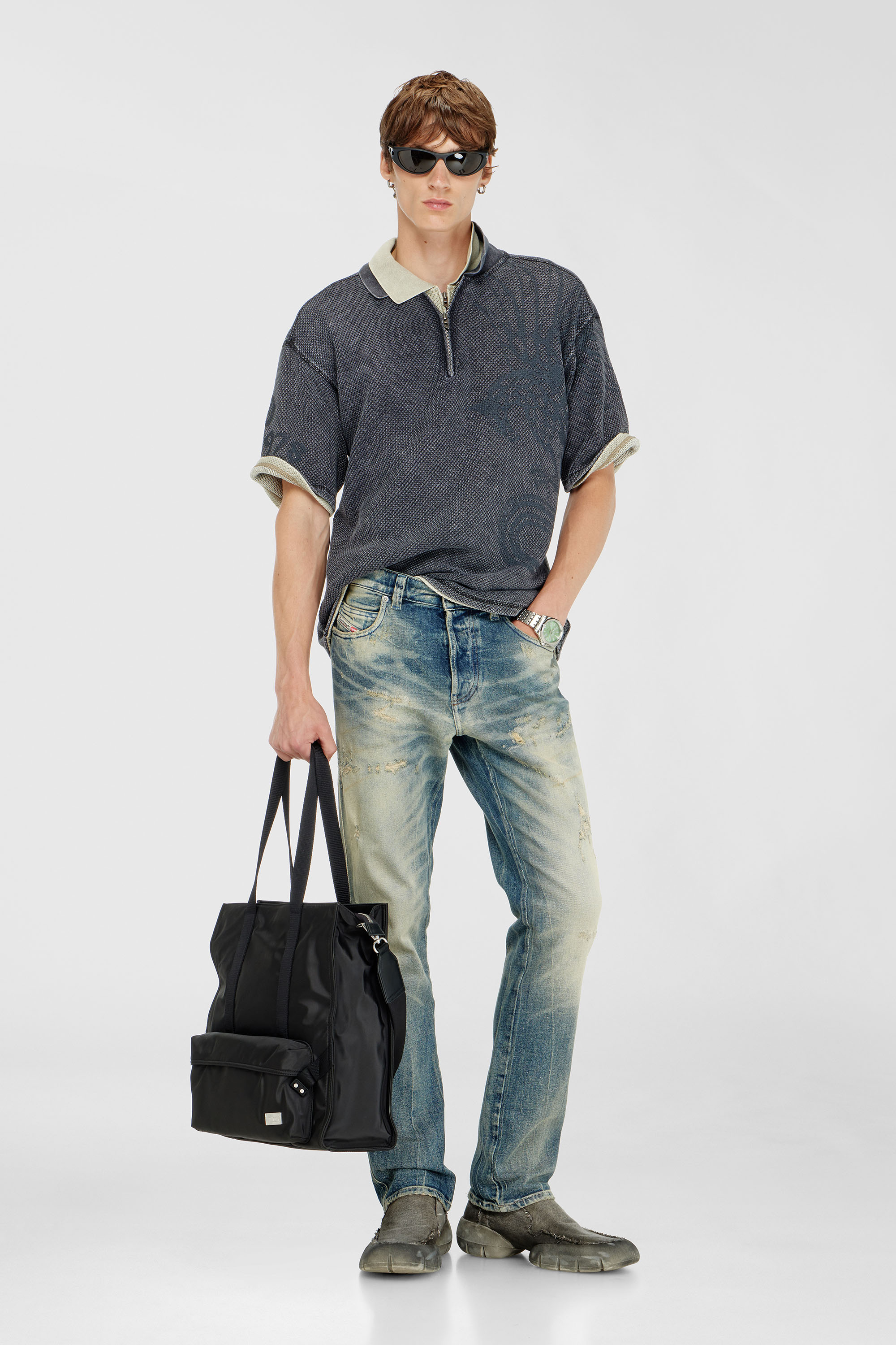 Diesel - T-ERRY-ZIP, Herren Mesh-Jacquard-Poloshirt mit Phoenix-Print in Dunkelgrau - 2