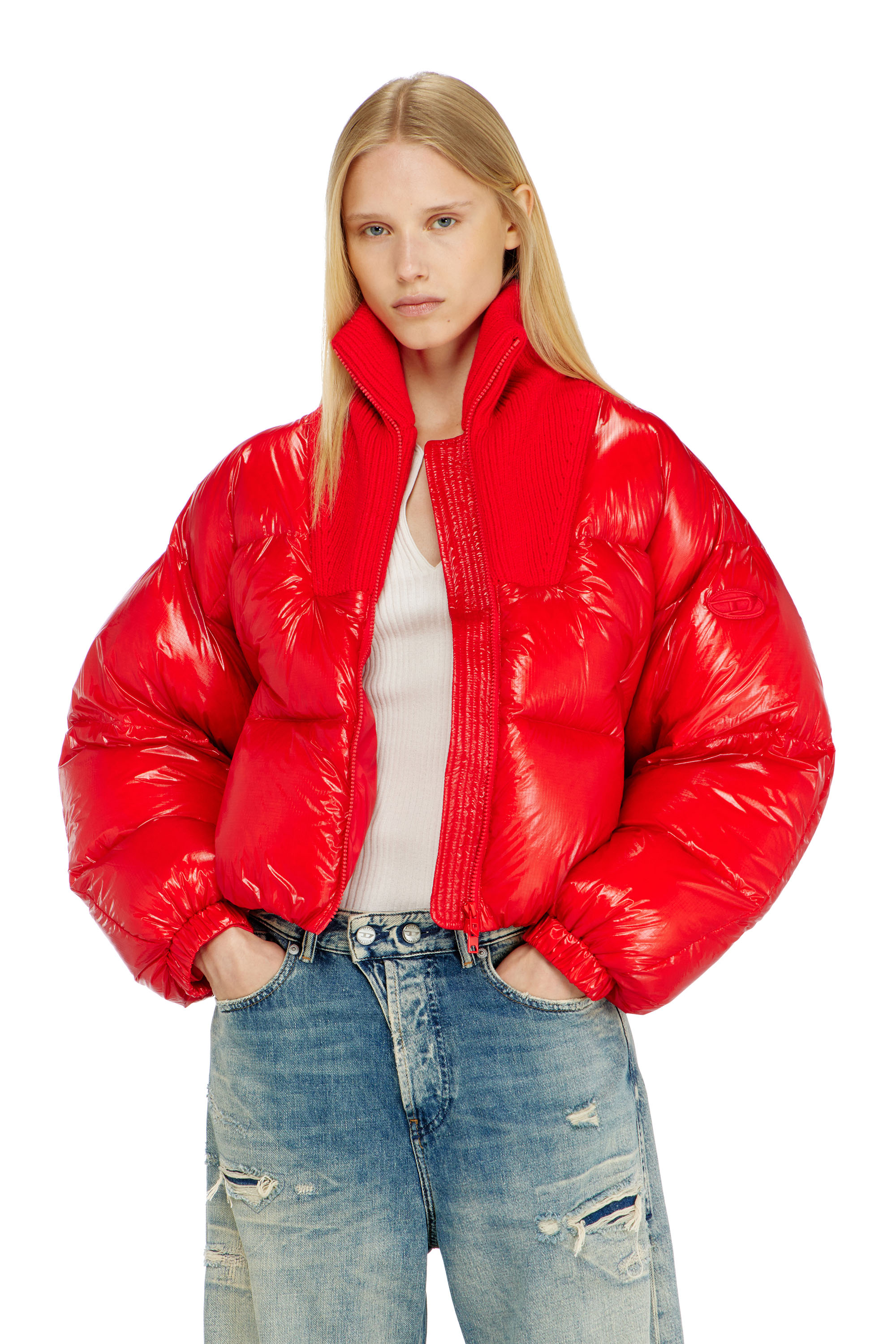 Diesel - W-ARRIOR, Woman's Down puffer jacket in ripstop with knitted collar in Red - 1