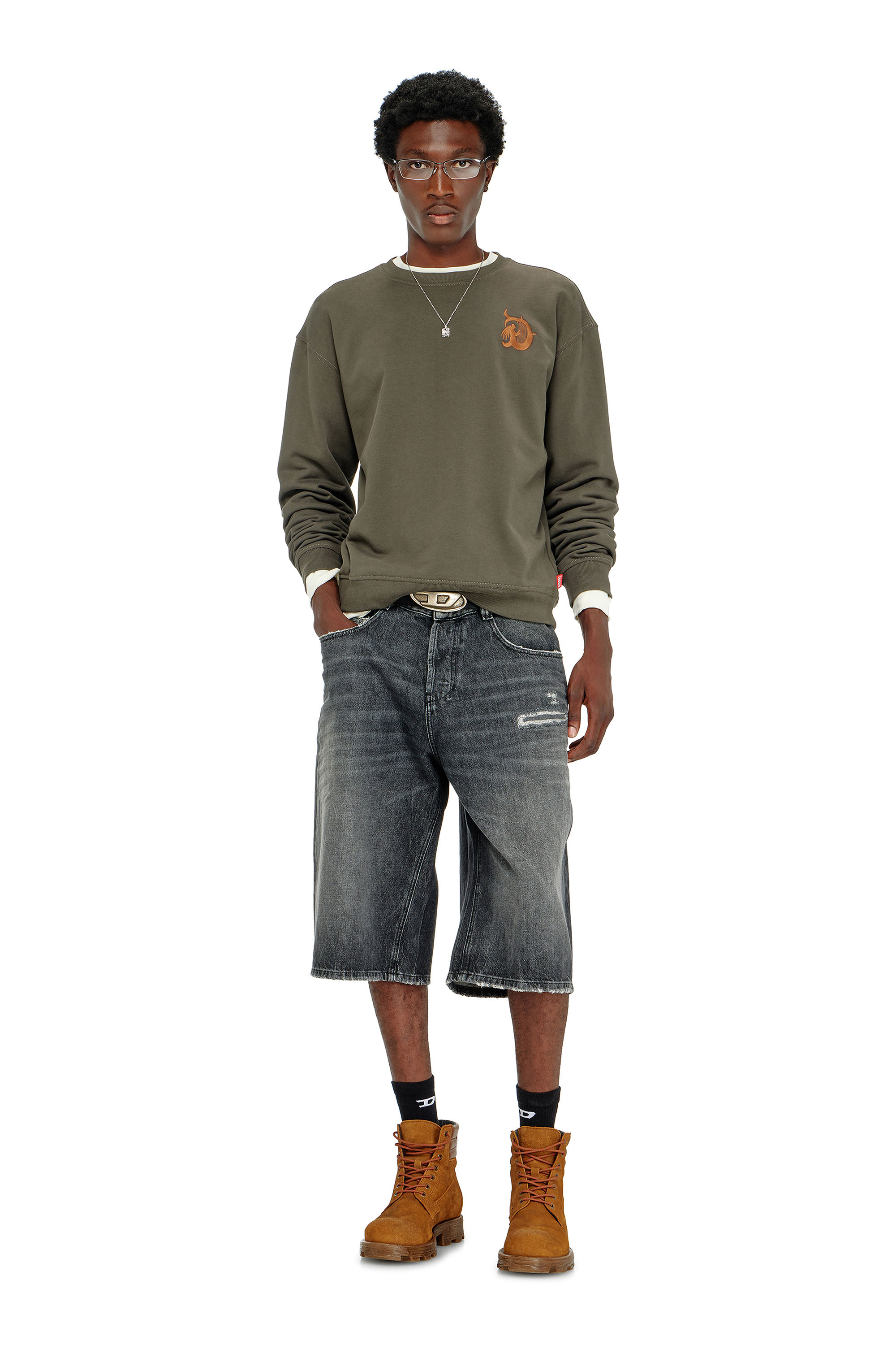 Diesel - S-NORM-AA4, Herren Sweatshirt mit Stickerei und Flockprint in Armeegr&uuml;n - 2