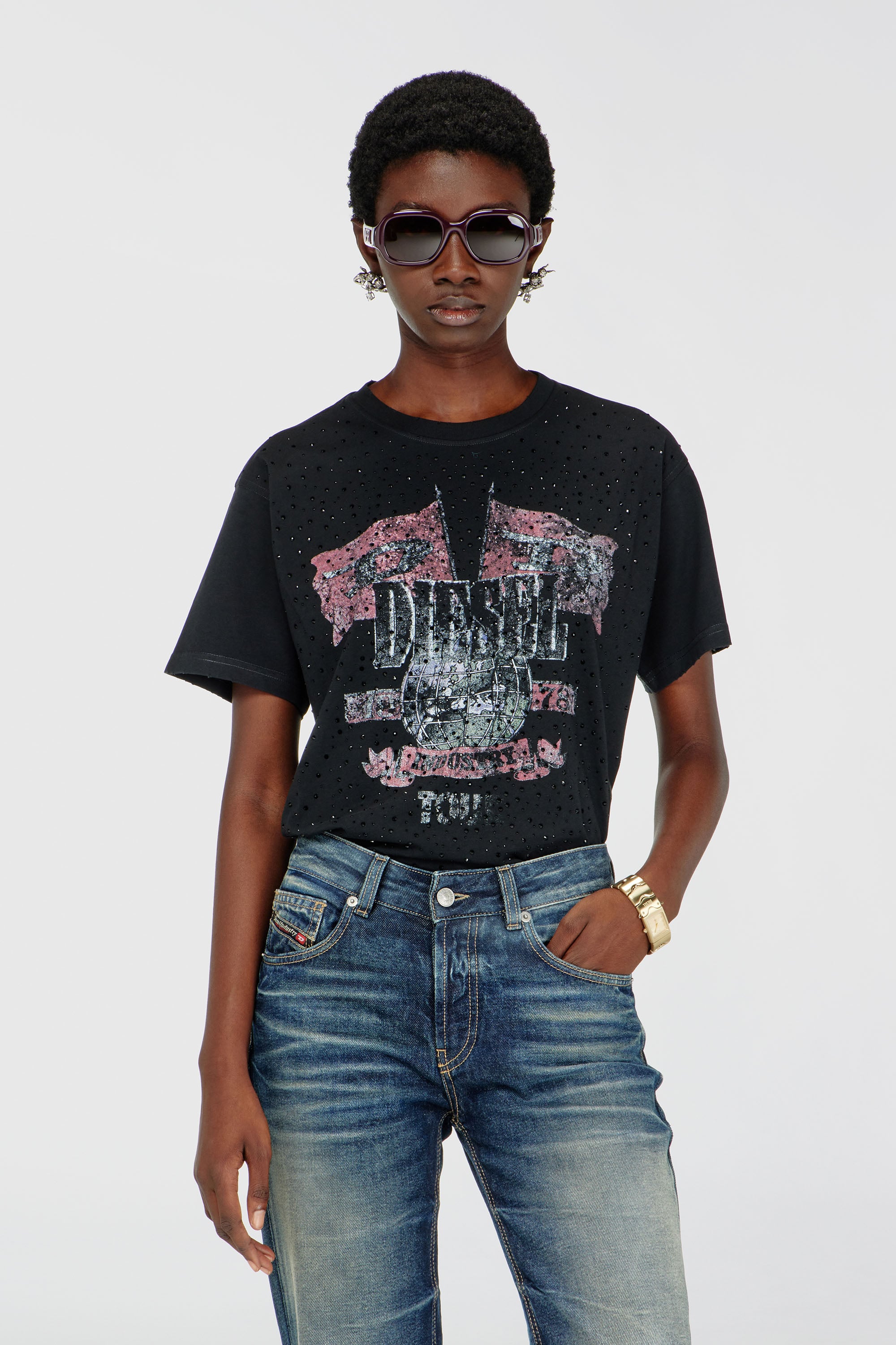 Diesel - T-MARLY, Damen T-Shirt mit Konzertgrafik und Kristallen in null - 1