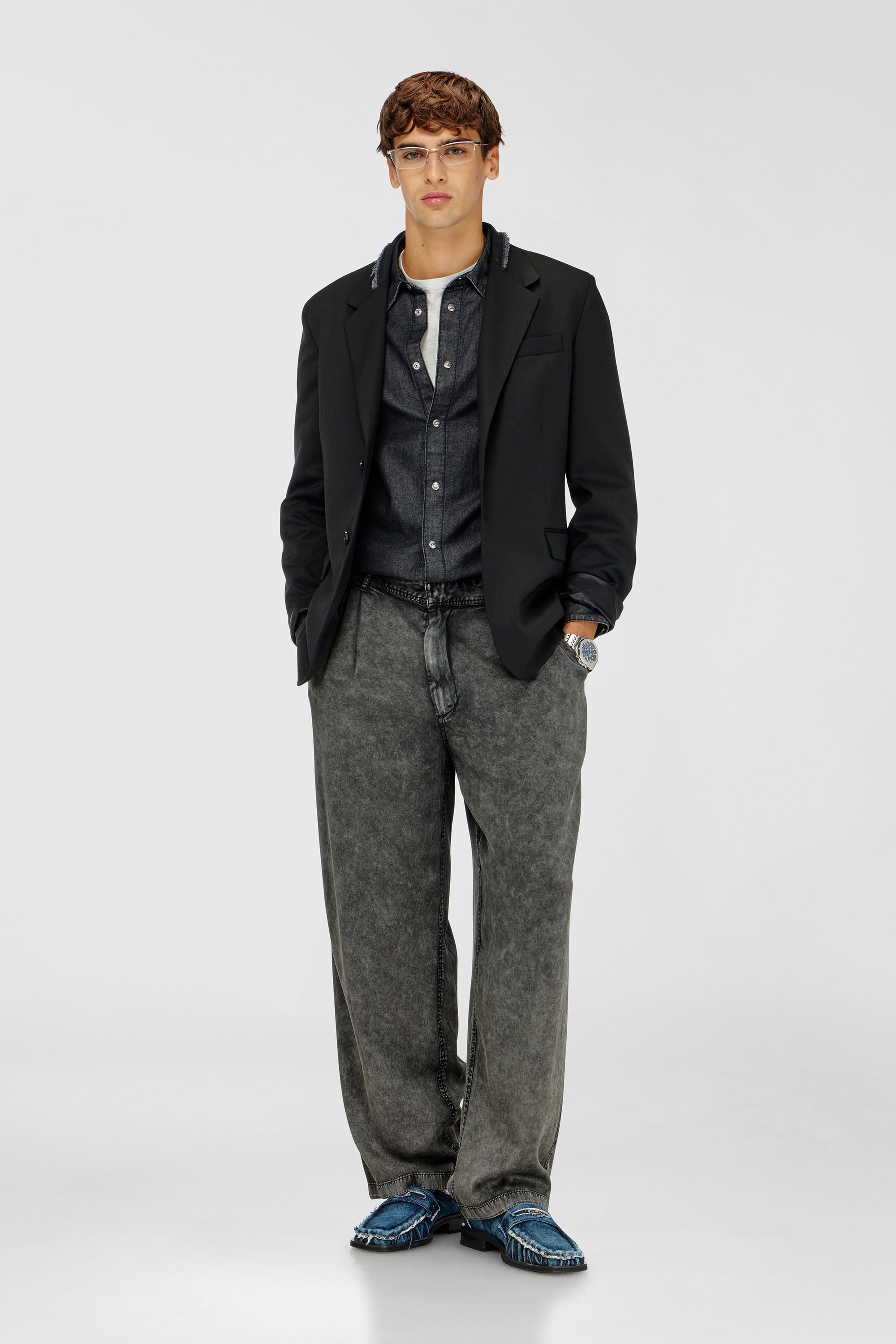 Diesel - P-FAUST-NIBC, Herren Wide-Leg-Hose aus Viskose in Denim-Optik in Dunkelgrau - 1