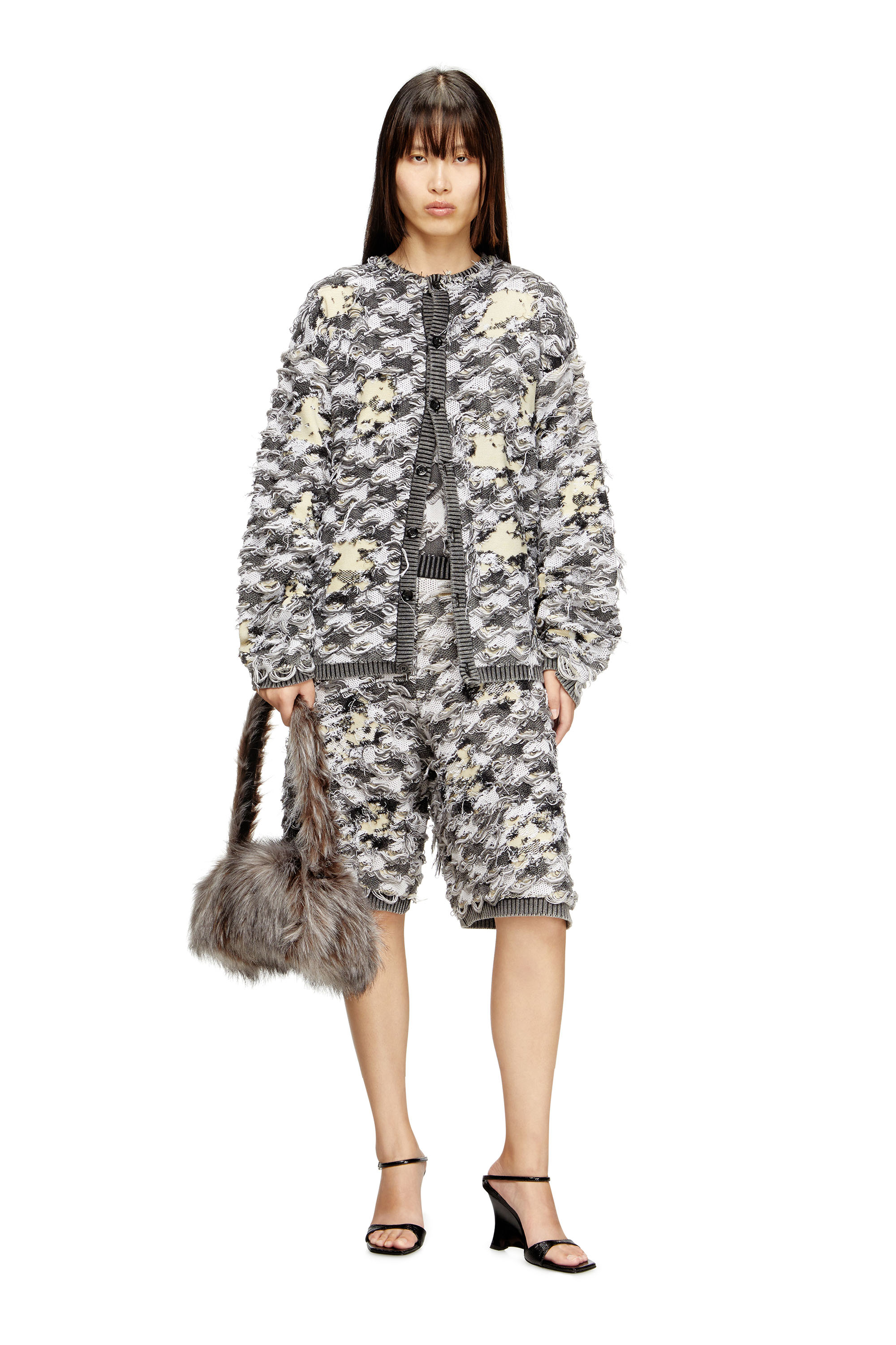 Diesel - M-VANJA, Damen Destroyed-Hahnentritt-Jacquard-Shorts in Grau/Weiss - 1