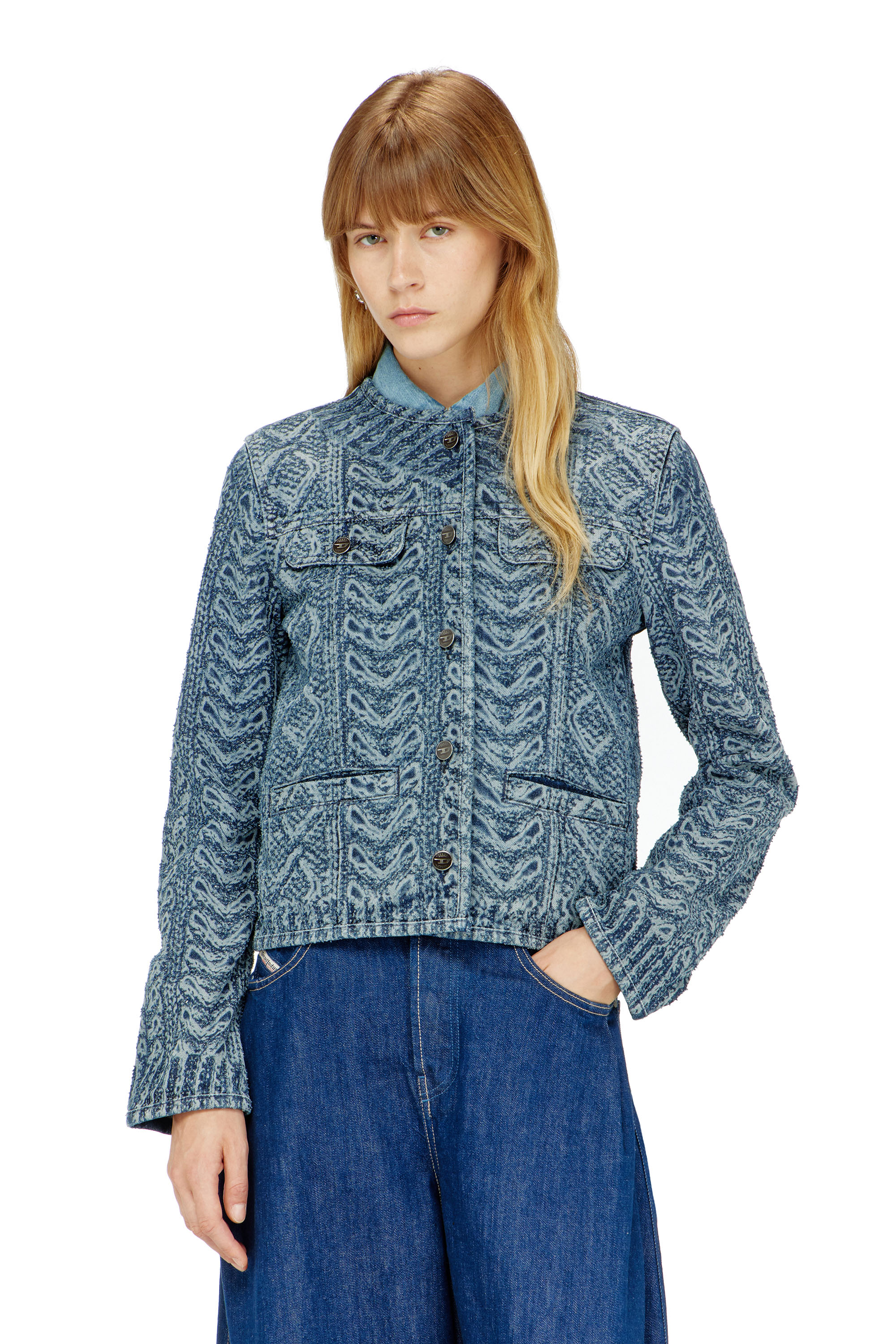 Diesel - DE-GRAFY-S2, Damen Kragenlose Jacke aus Denim mit Zopfmuster-Effekt in Dunkelblau - 1