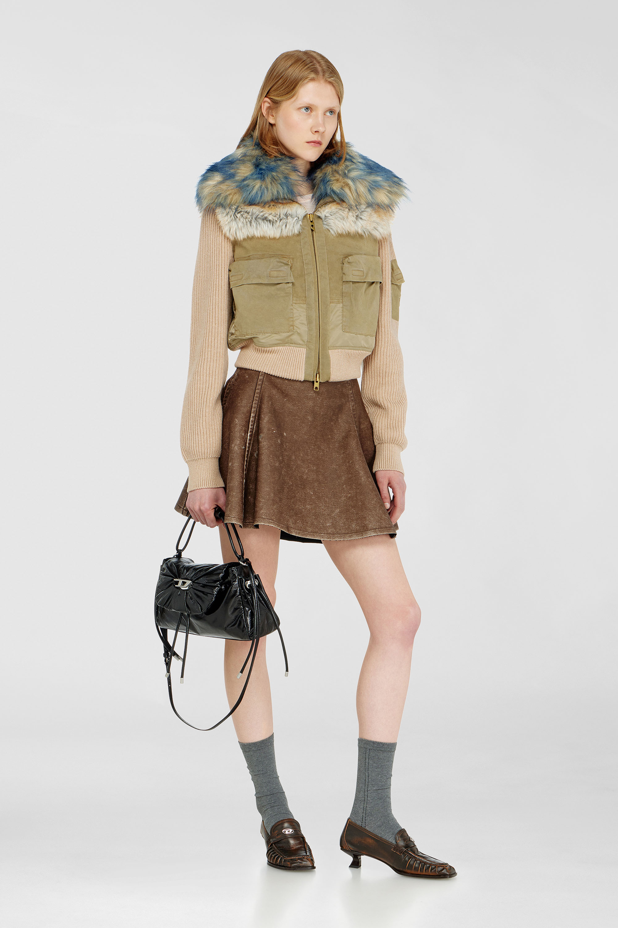 Diesel - G-USTAV, Damen Bomberjacke mit Rippstrick- und Pl&uuml;schbesatz in Beige - 1