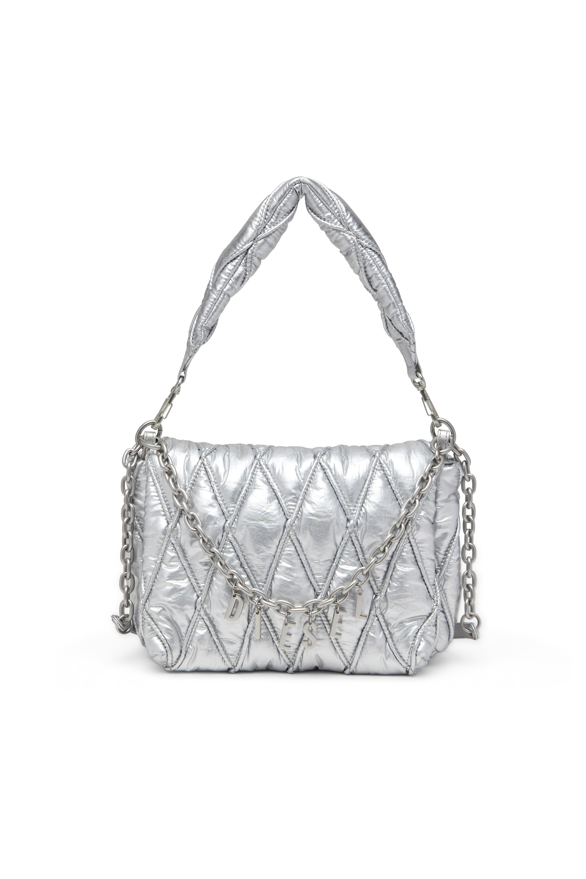 Diesel - CHARM-D SHOULDER M, Damen Charm-D M-Schultertasche aus gestepptem Metallic-Nylon in Silber - 1