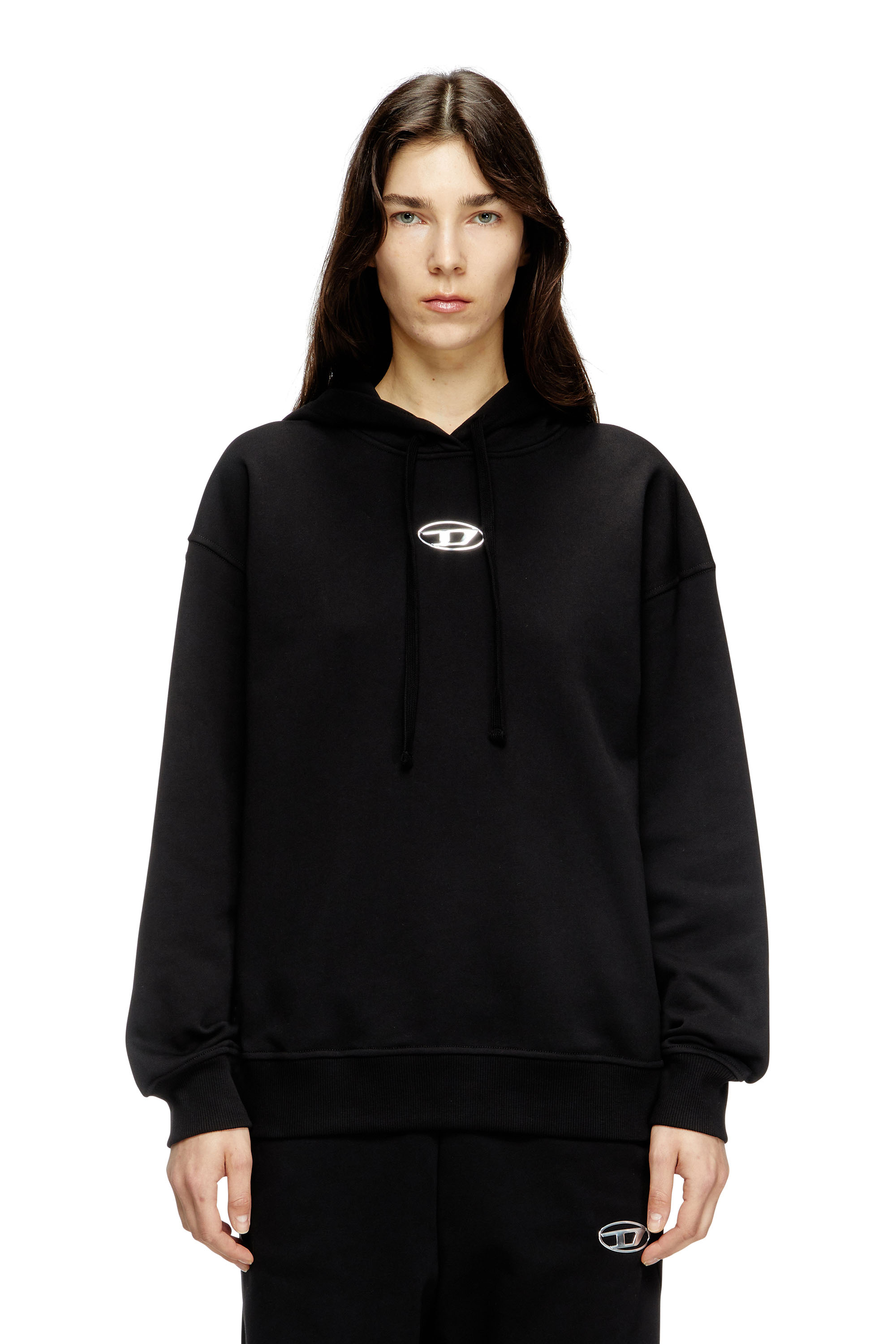 Diesel - F-BUXT-HOOD-OD, Damen Kapuzenpullover mit Oval D-Logo mit Metall-Effekt in Schwarz - 1