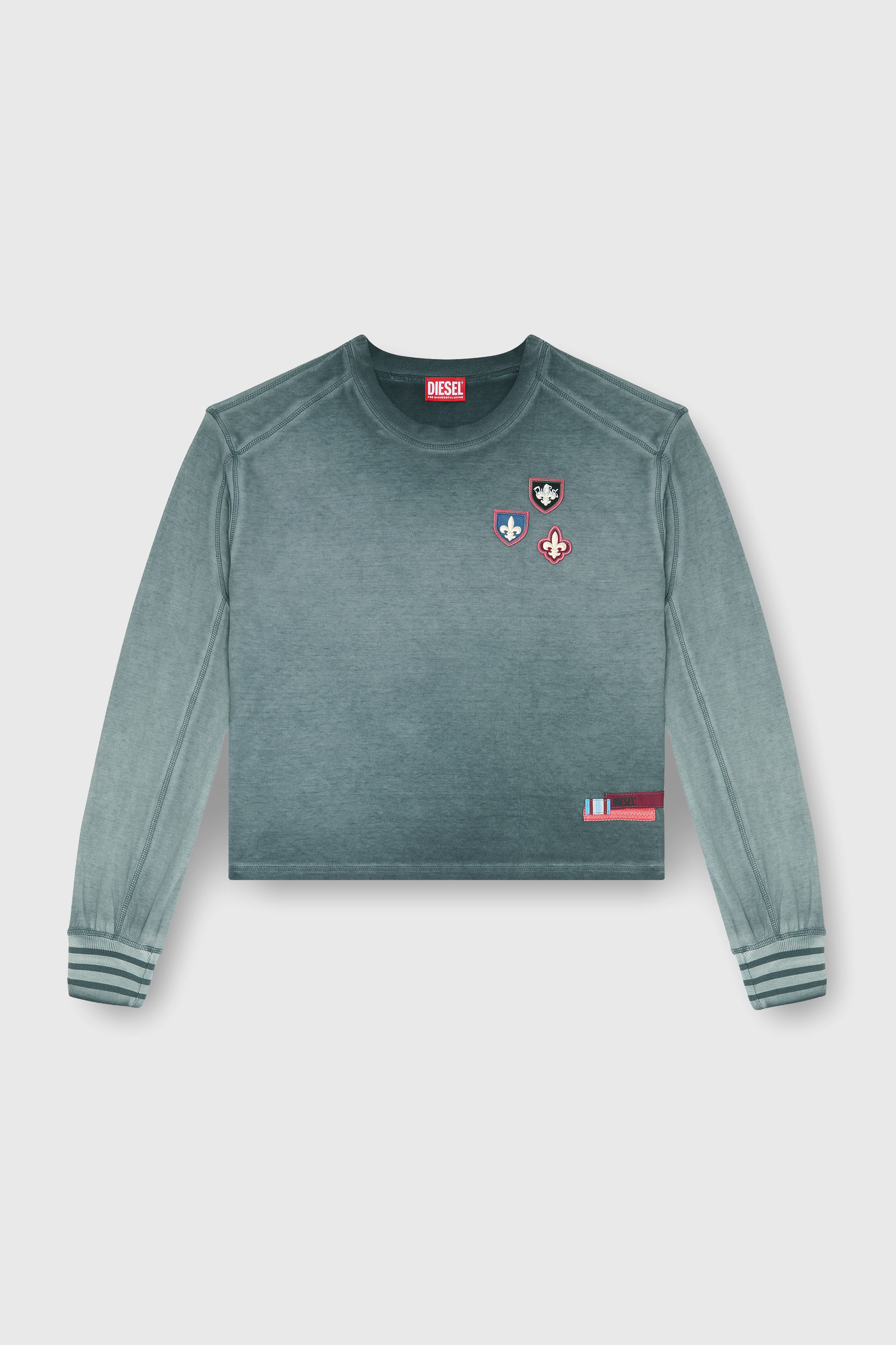 Diesel - T-BAWYE-LS, Damen T-Shirt mit Patches und Mikrowaffel-Eins&auml;tzen in Dunkelgr&uuml;n - 2