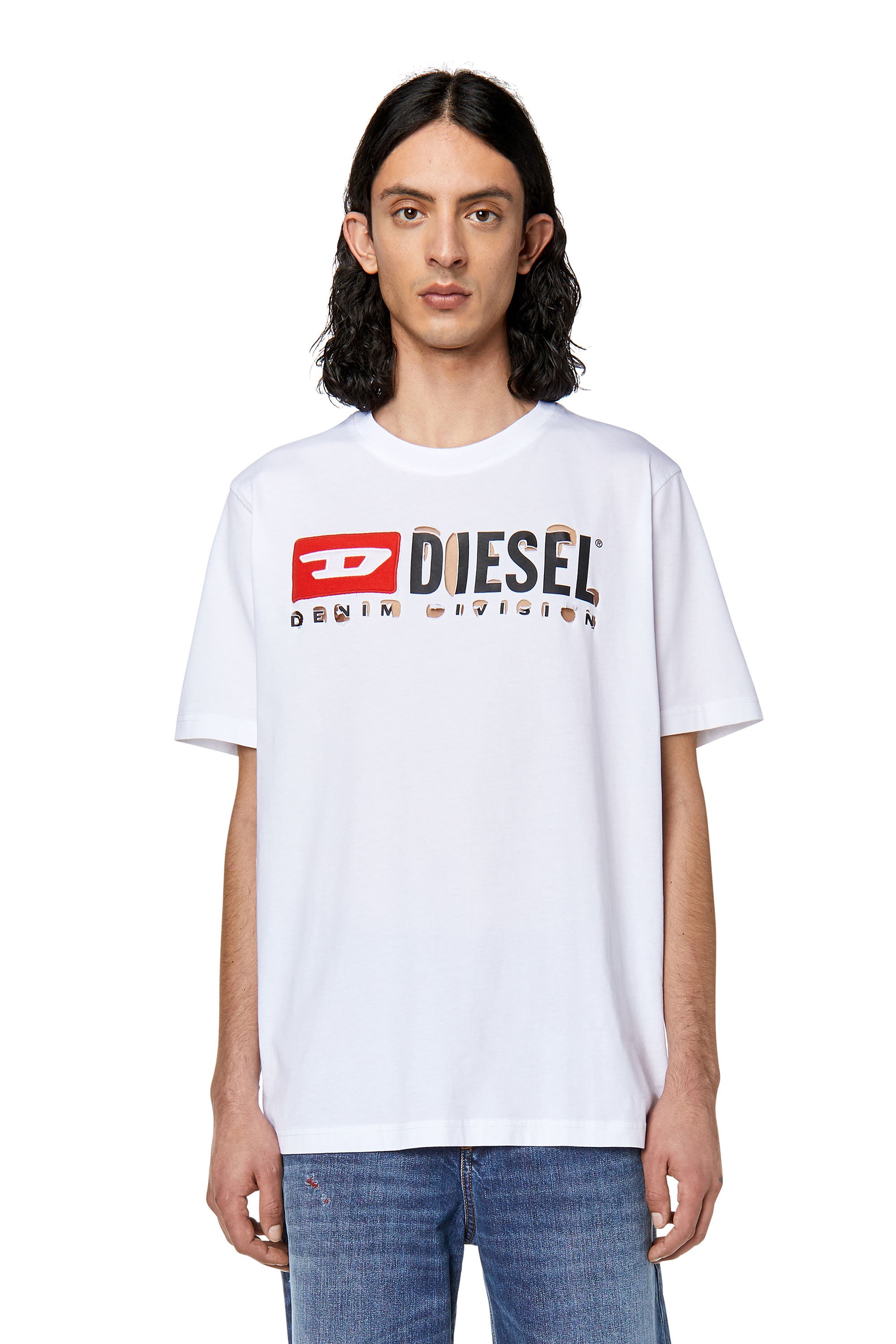 Diesel - T-JUST-DIVSTROYED, Herren T-Shirt mit Peel-off-Buchstaben in Weiss - Image 1