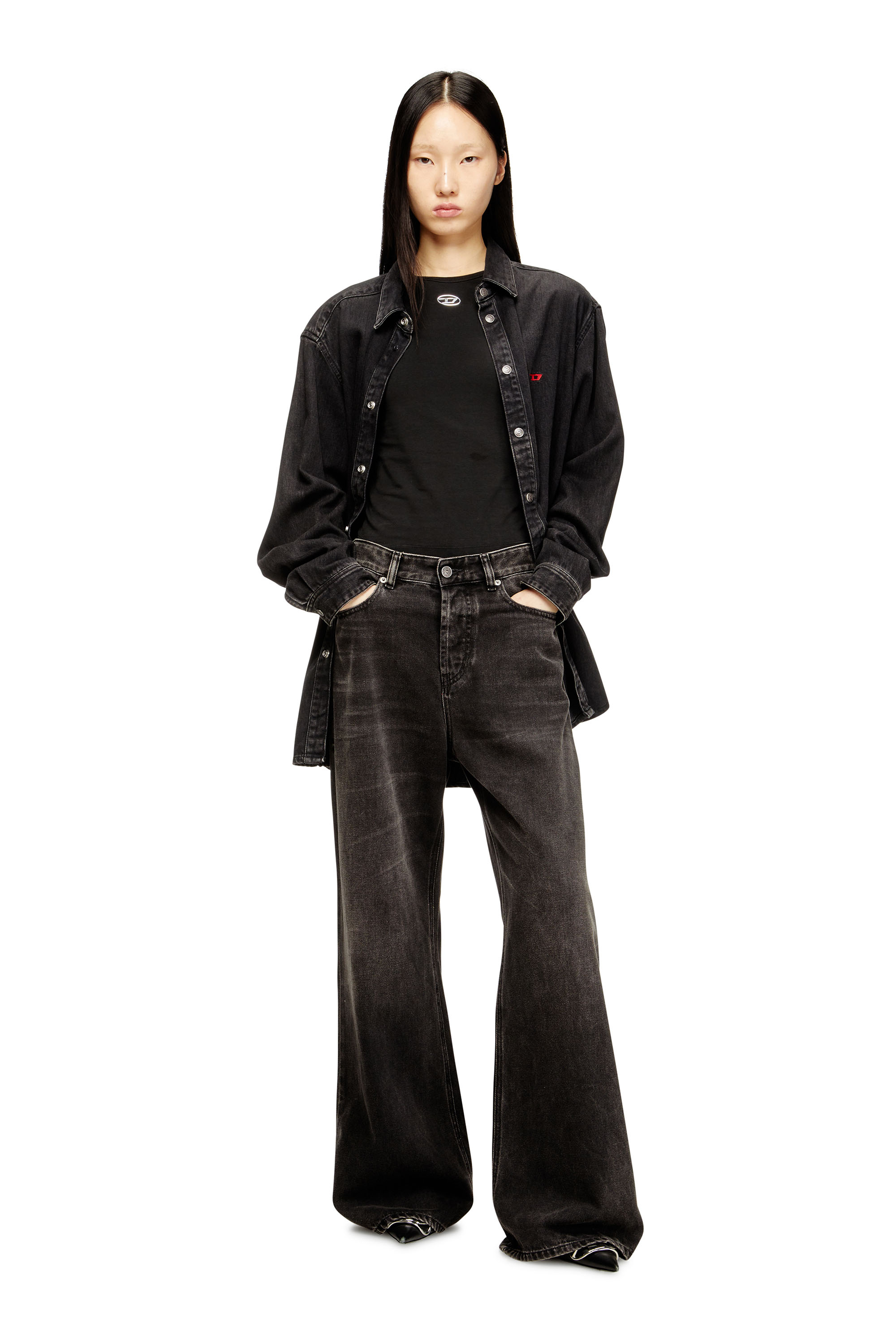 Diesel - T-UNCUTIESLONG-LS-OD, Damen Baumwollpullover mit Oval-D-Logo in Schwarz - 1