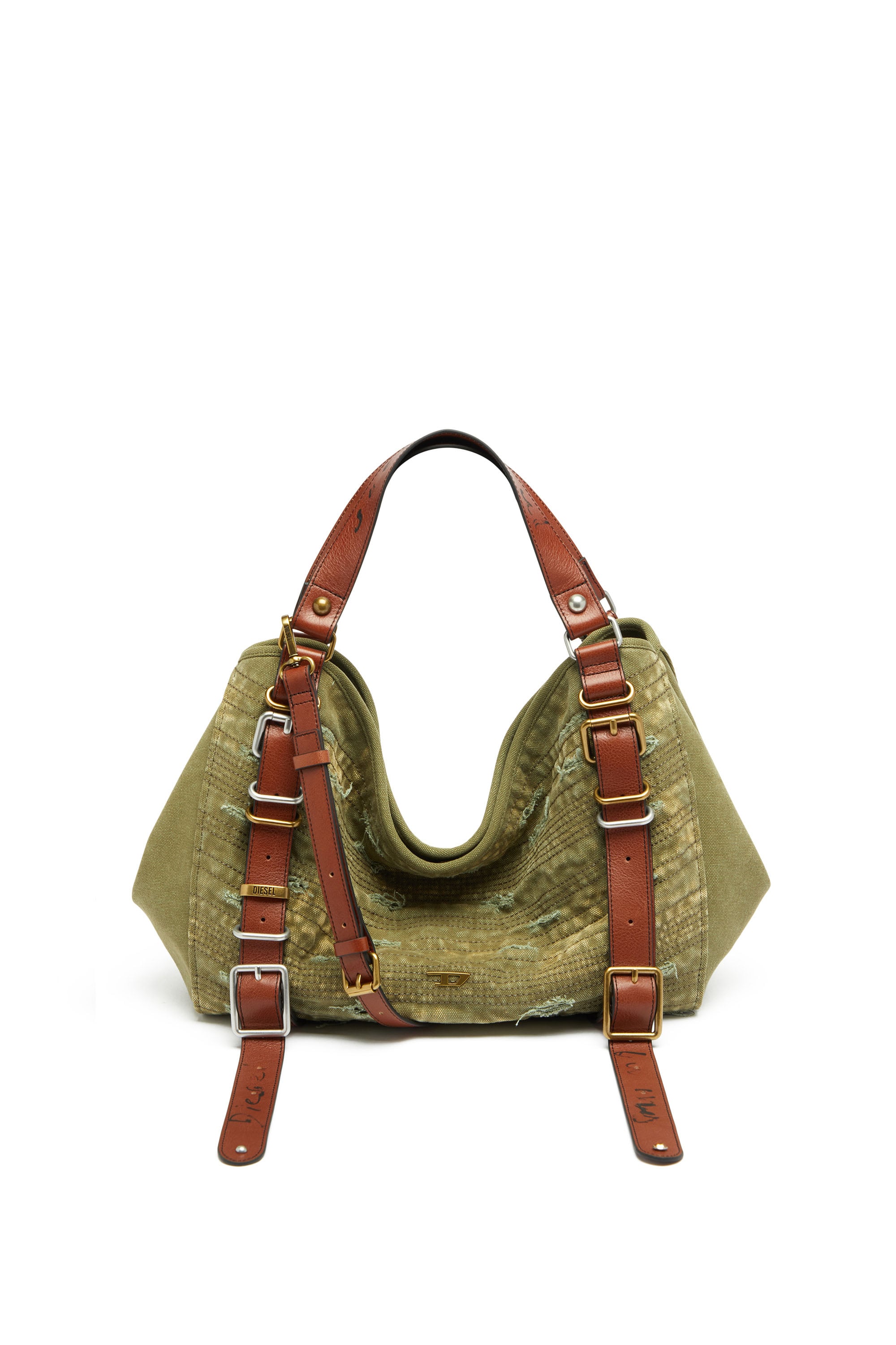 Diesel - D-ONE TOPHANDLE M, Unisex D-One-Medium Henkeltasche aus Canvas in Used-Optik in Armeegr&uuml;n - 1
