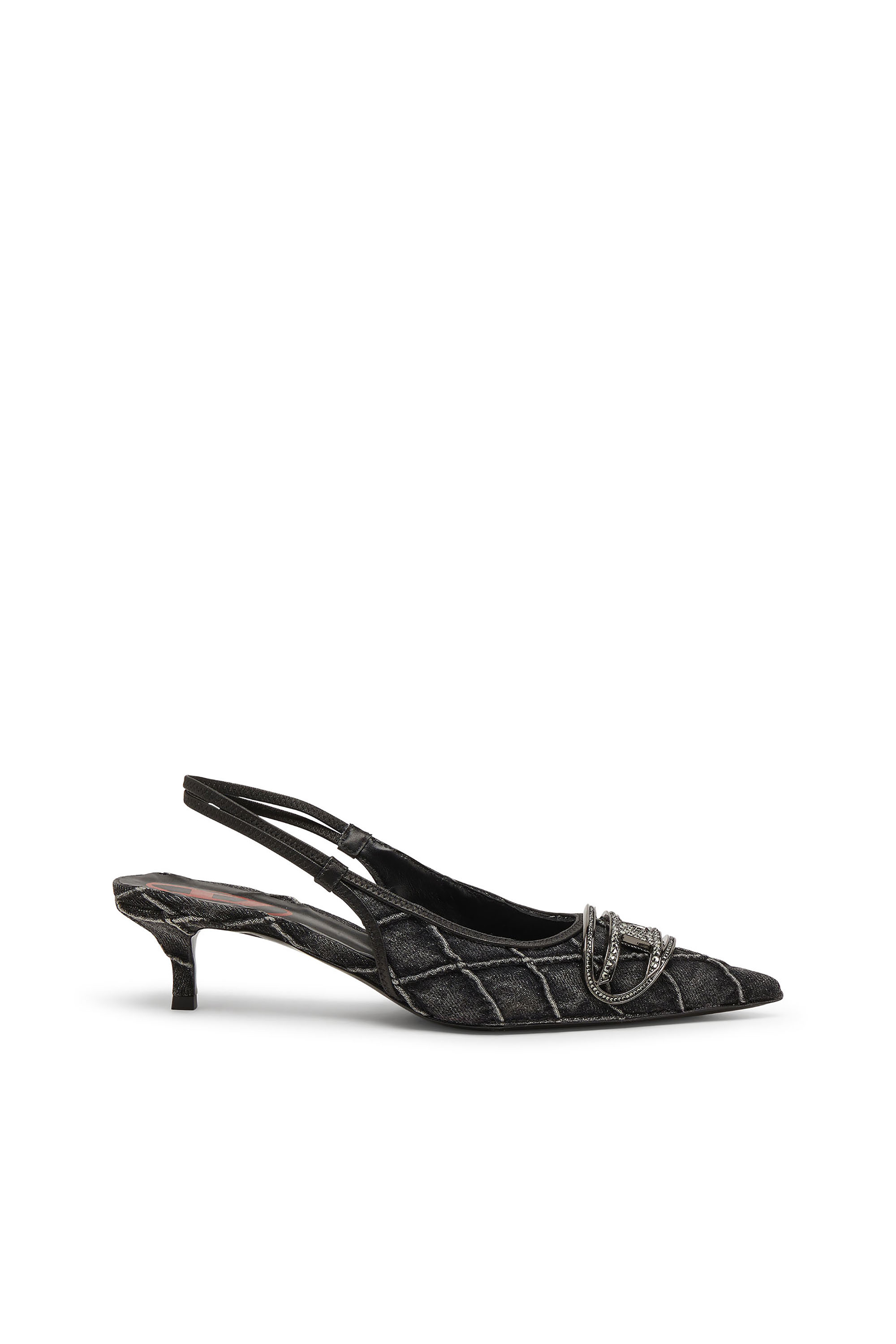 Diesel - D-VENUS SB 40, Damen D-Venus-Crystal-Logo Stepp-Denim-Slingback-Pumps in Schwarz - 1