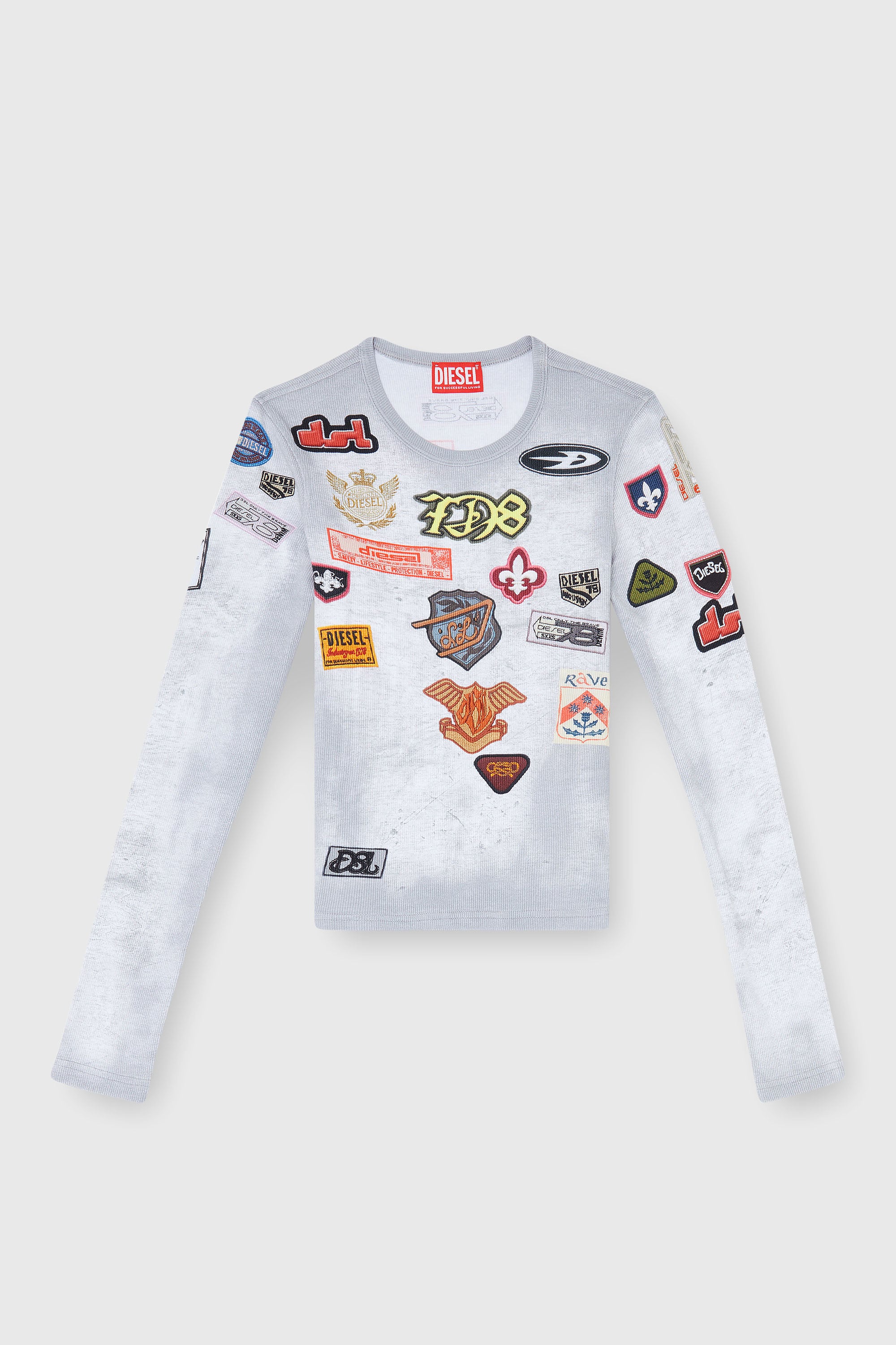 Diesel - T-ELE-LONGSLEEVE, Damen Top aus Rippjersey mit all-over Patch-Print in Wei&szlig; - 2