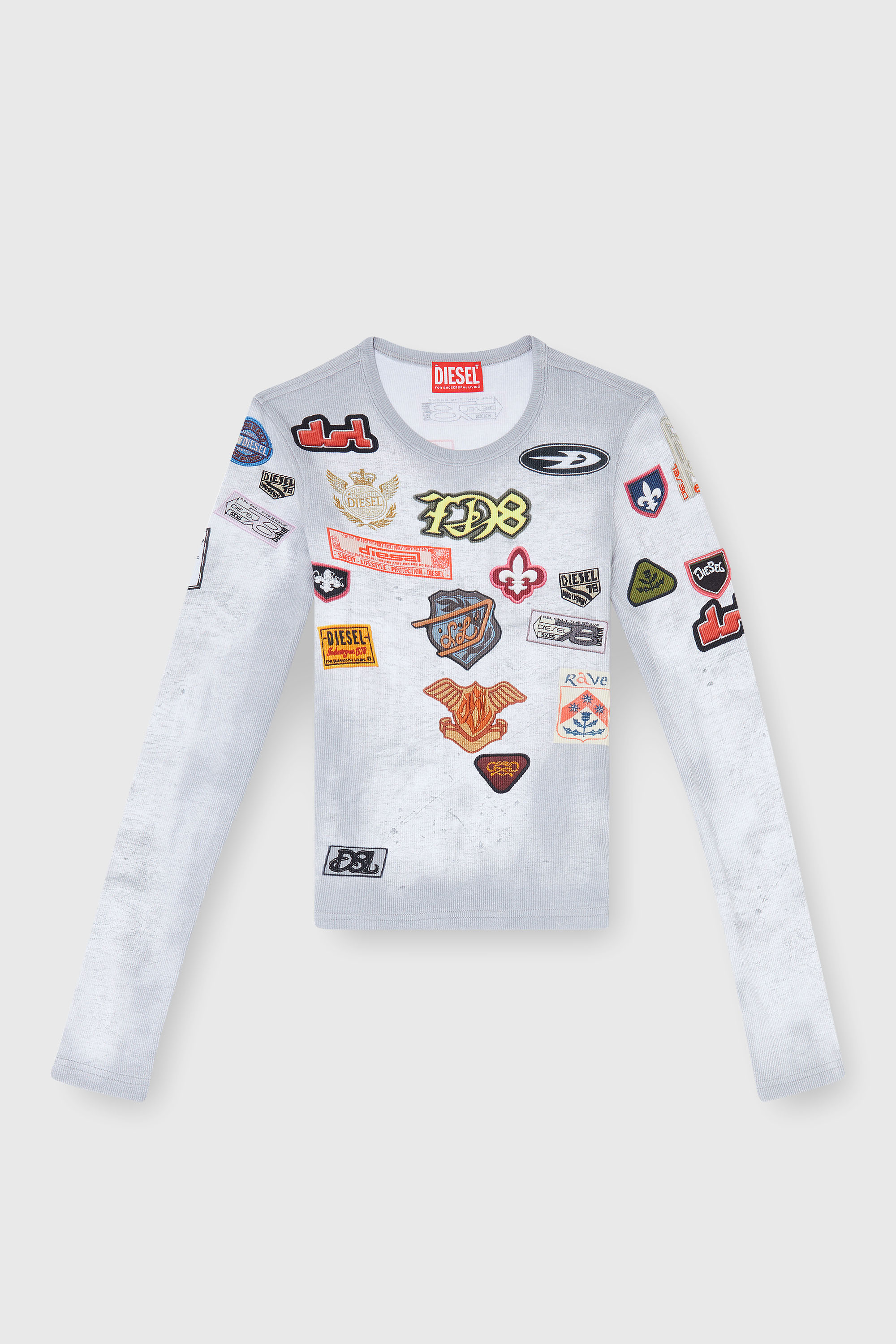 Diesel - T-ELE-LONGSLEEVE, Damen Top aus Rippjersey mit all-over Patch-Print in Wei&szlig; - 2