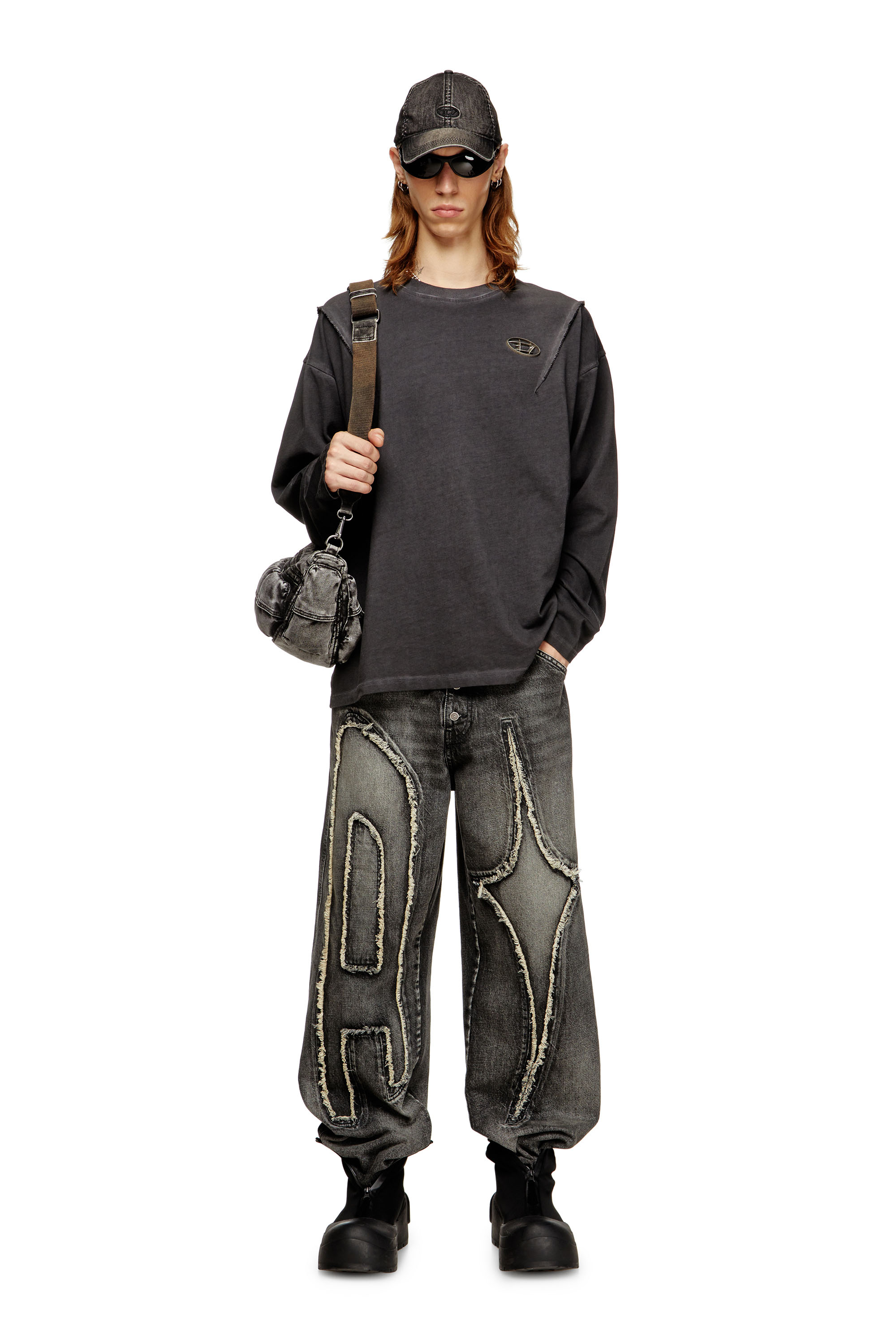 Diesel - T-THUG-T-SHIRT, Unisex Langärmliges T-Shirt mit Verwaschungseffekt in Dunkelgrau - 1