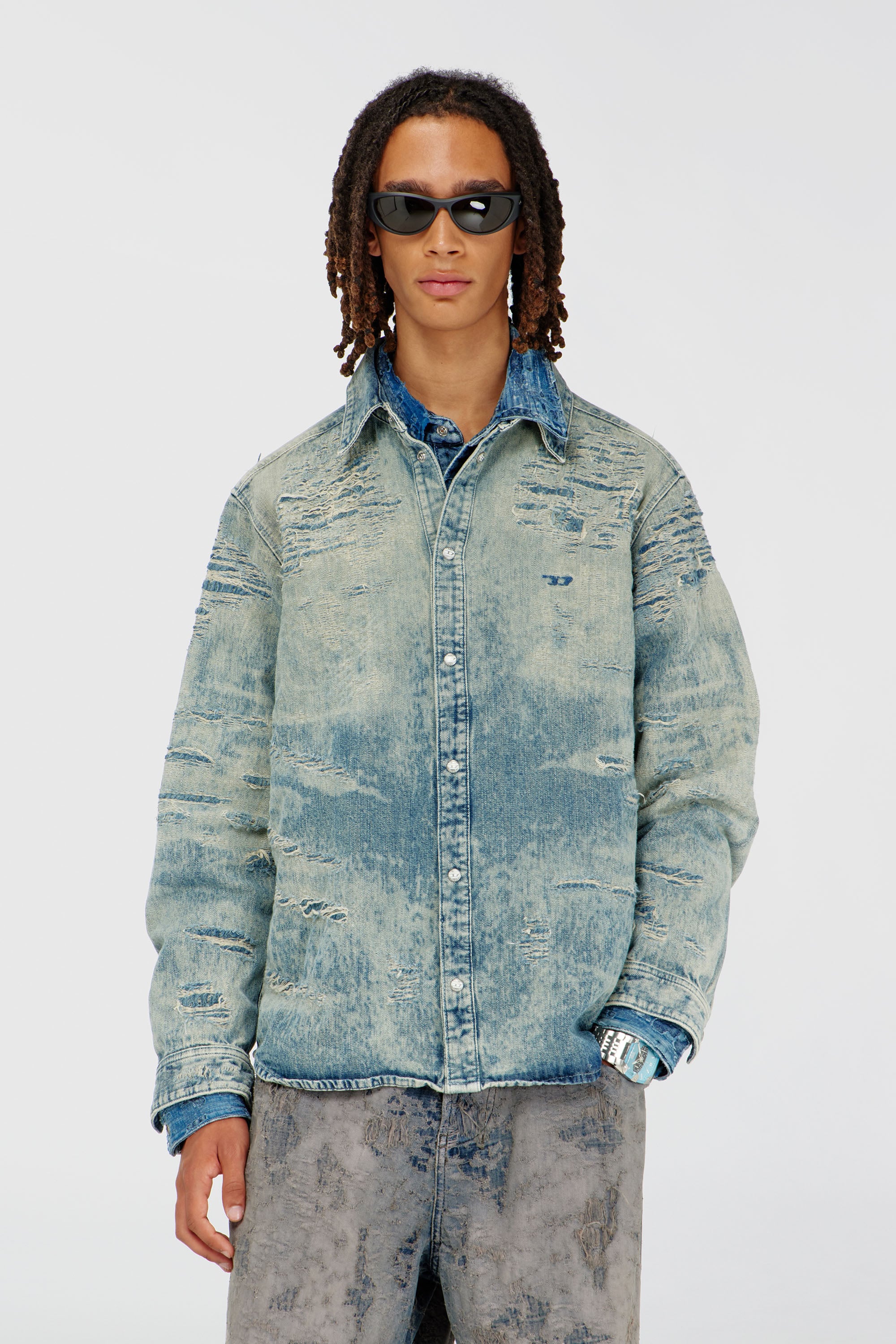Diesel - D-SIMPLY, Herren Hemd aus Jacquard-Denim mit Used-Effekt in Mittelblau - 1