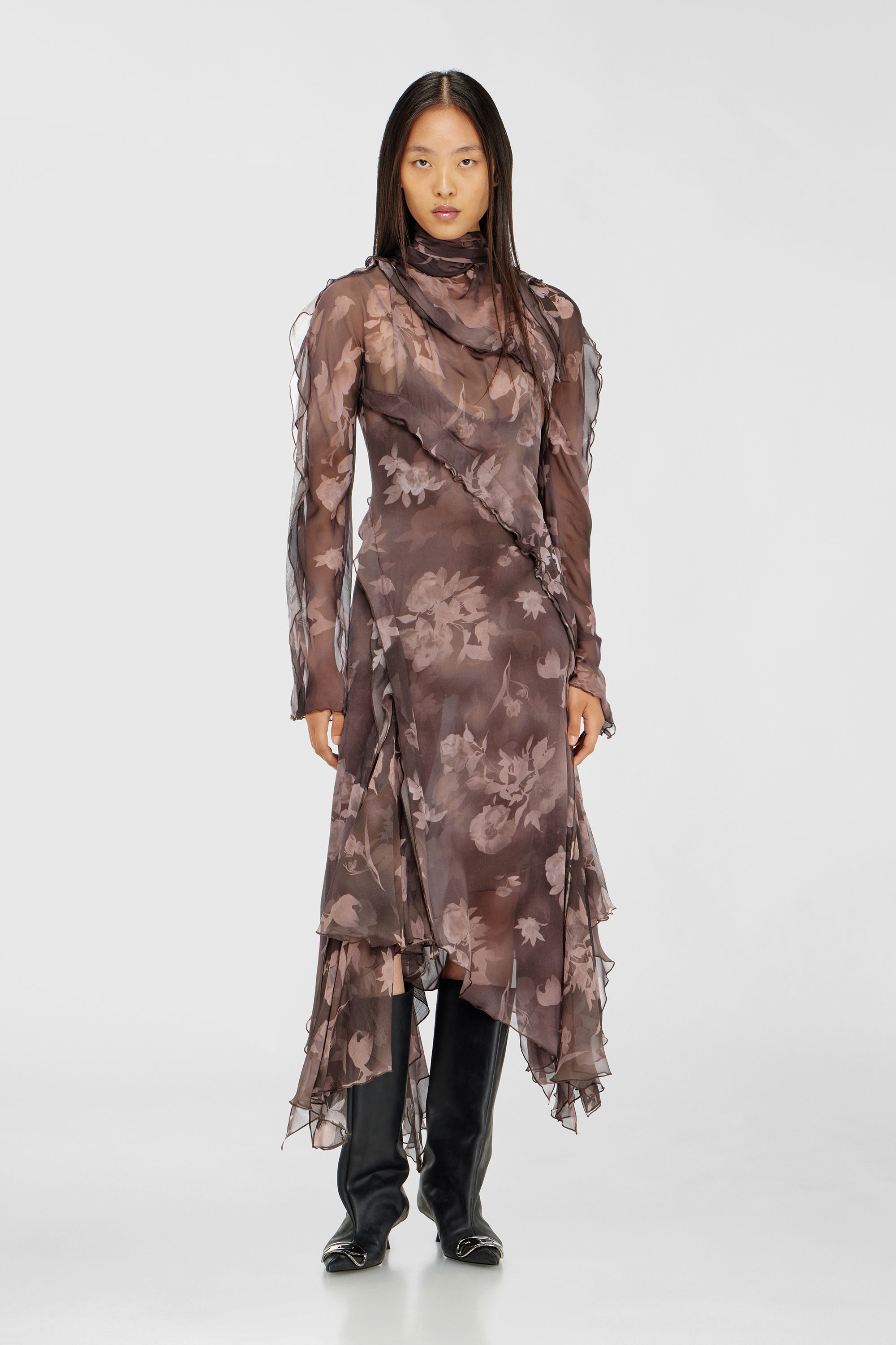 Diesel - D-RIADI, Damen Asymmetrisches Midikleid aus Chiffon und Seiden-Cr&ecirc;pe in Braun - 1