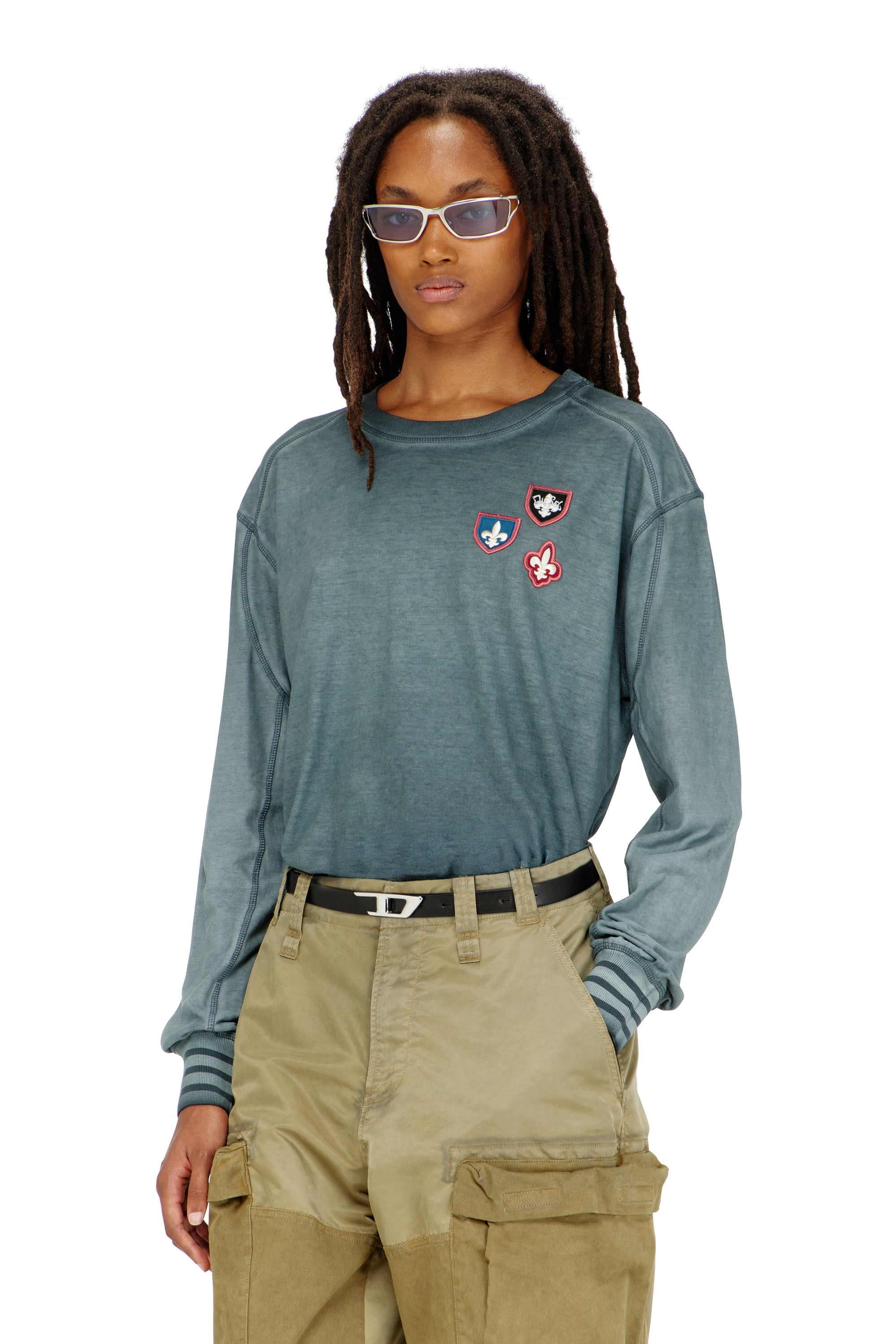 Diesel - T-BAWYE-LS, Damen T-Shirt mit Patches und Mikrowaffel-Eins&auml;tzen in null - 1