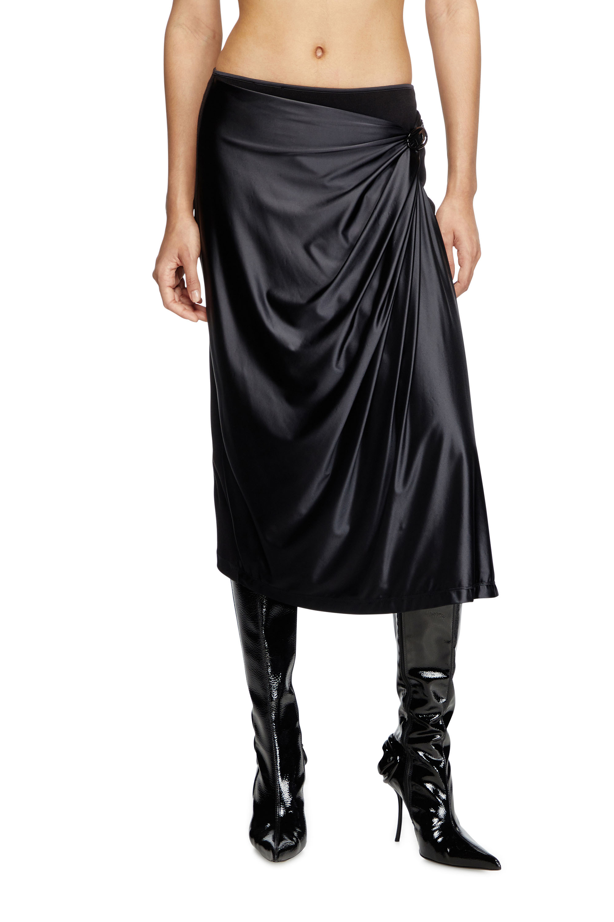 Diesel - O-SILV, Damen Drapierter Midi-Rock mit Finish aus Chintz in Schwarz - 2