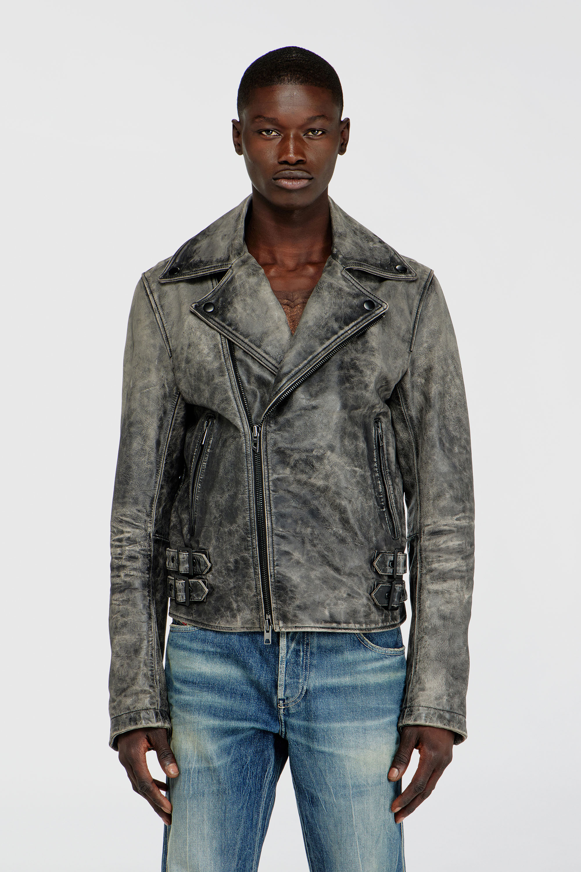 Diesel - L-EON-CJCM, Herren Biker-Jacke aus behandeltem Leder in Dunkelgrau - 1