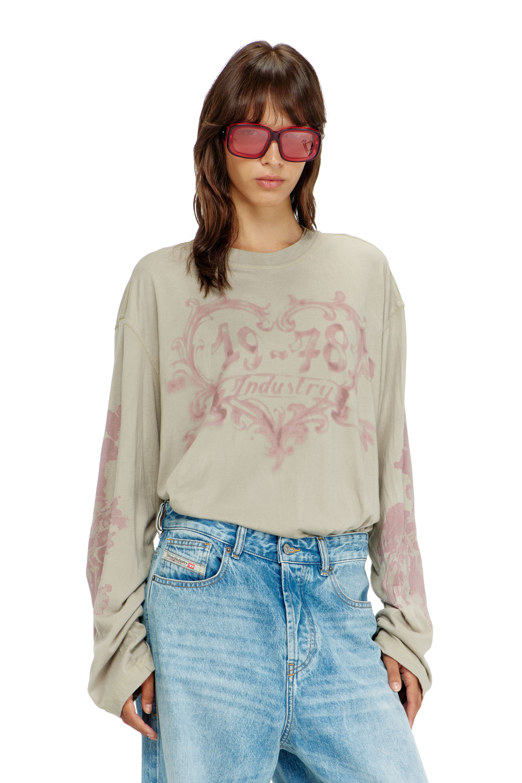 Diesel - T-HILARY-LS-AA1, Damen Langarmshirt aus Baumwolle mit Grafikprint in Rosa/Beige - 1