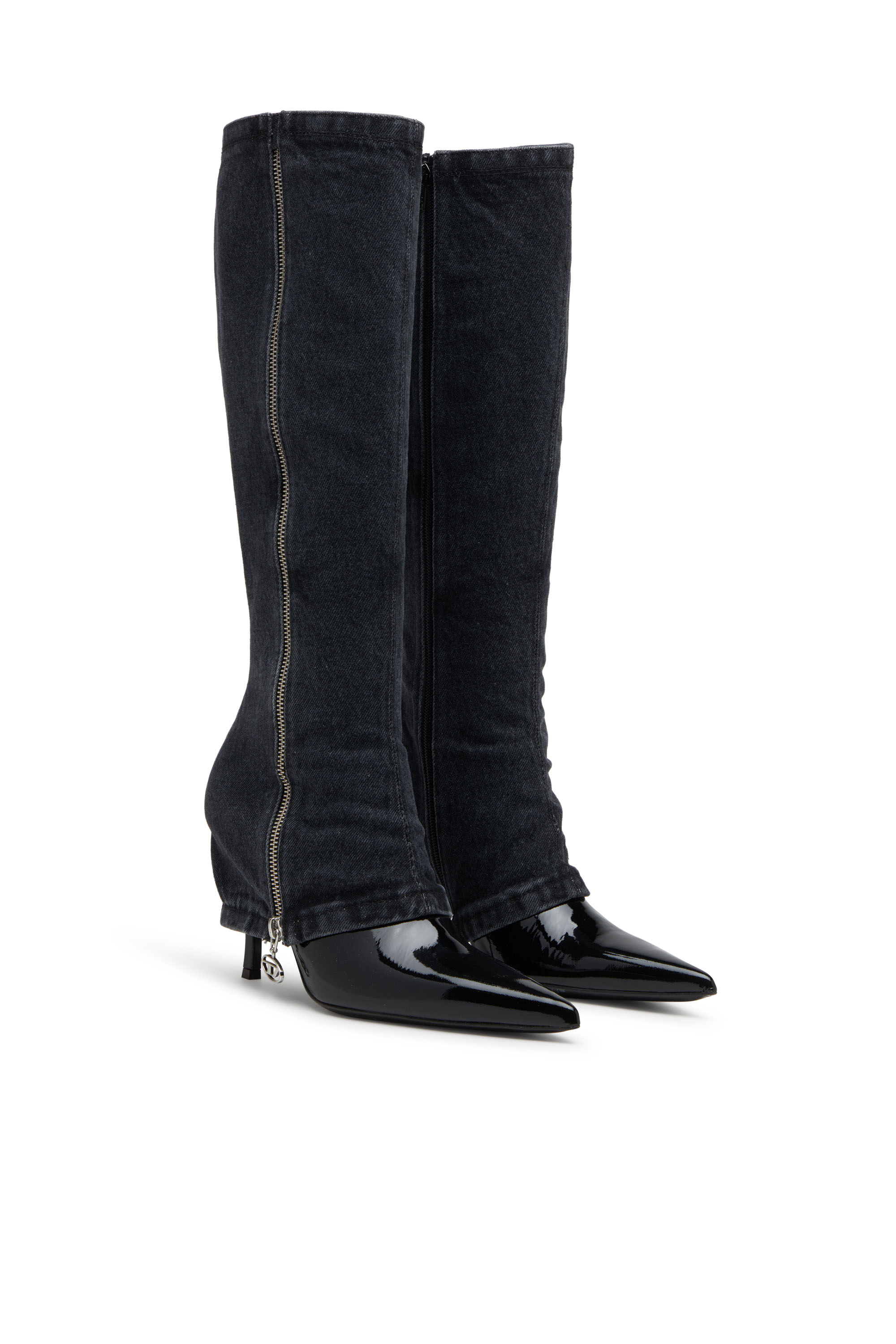D-VENUS TWISTED BOOT, Schwarz Diesel - D-VENUS TWISTED BOOT, Damen D-Venus-Stiletto-Kniestiefel mit Jeans-Trompe l'œil in Schwarz - 2