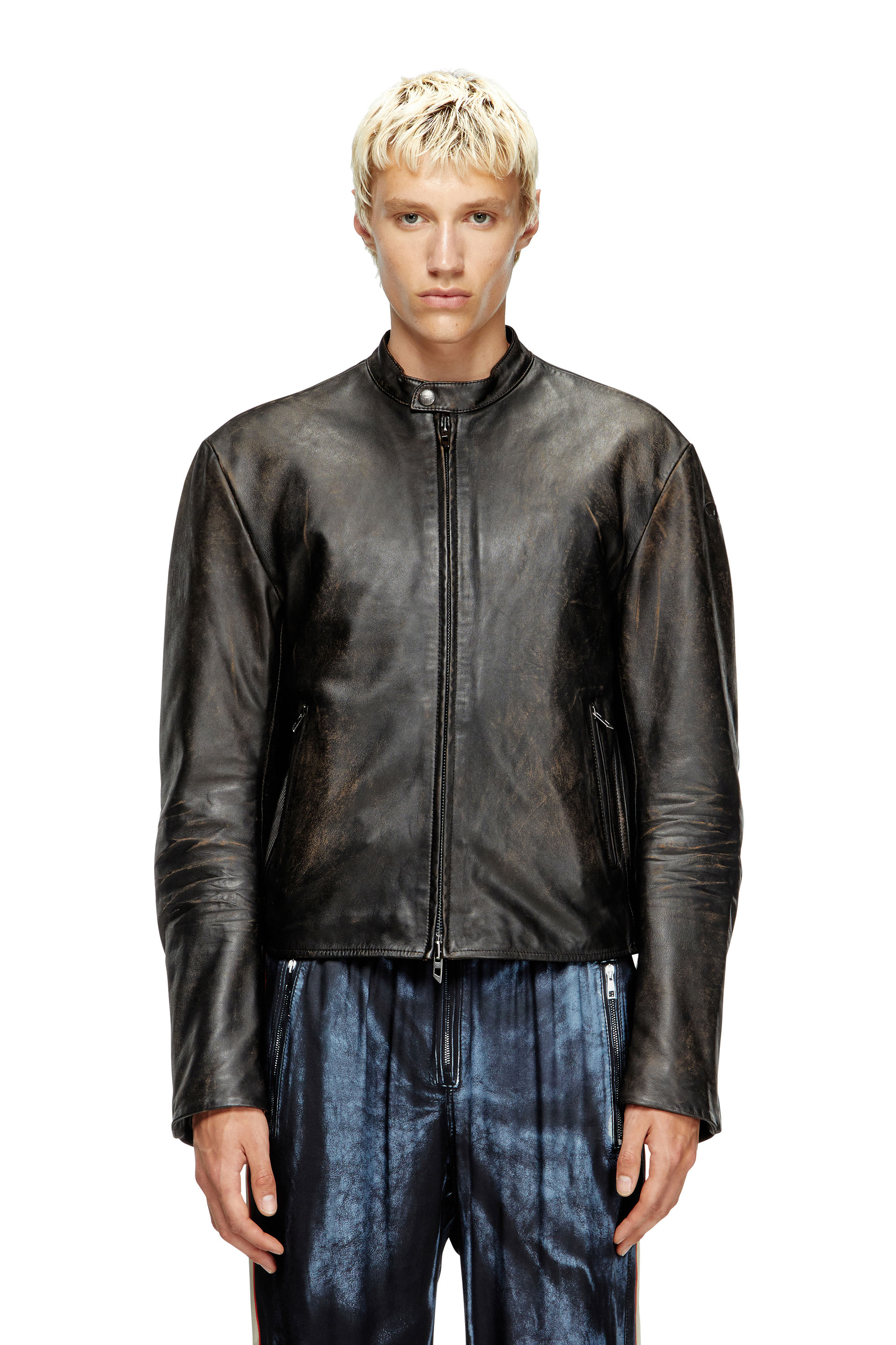 Diesel - L-AROSS, Herren Vielgetragene Bikerjacke aus Leder in Braun - 1