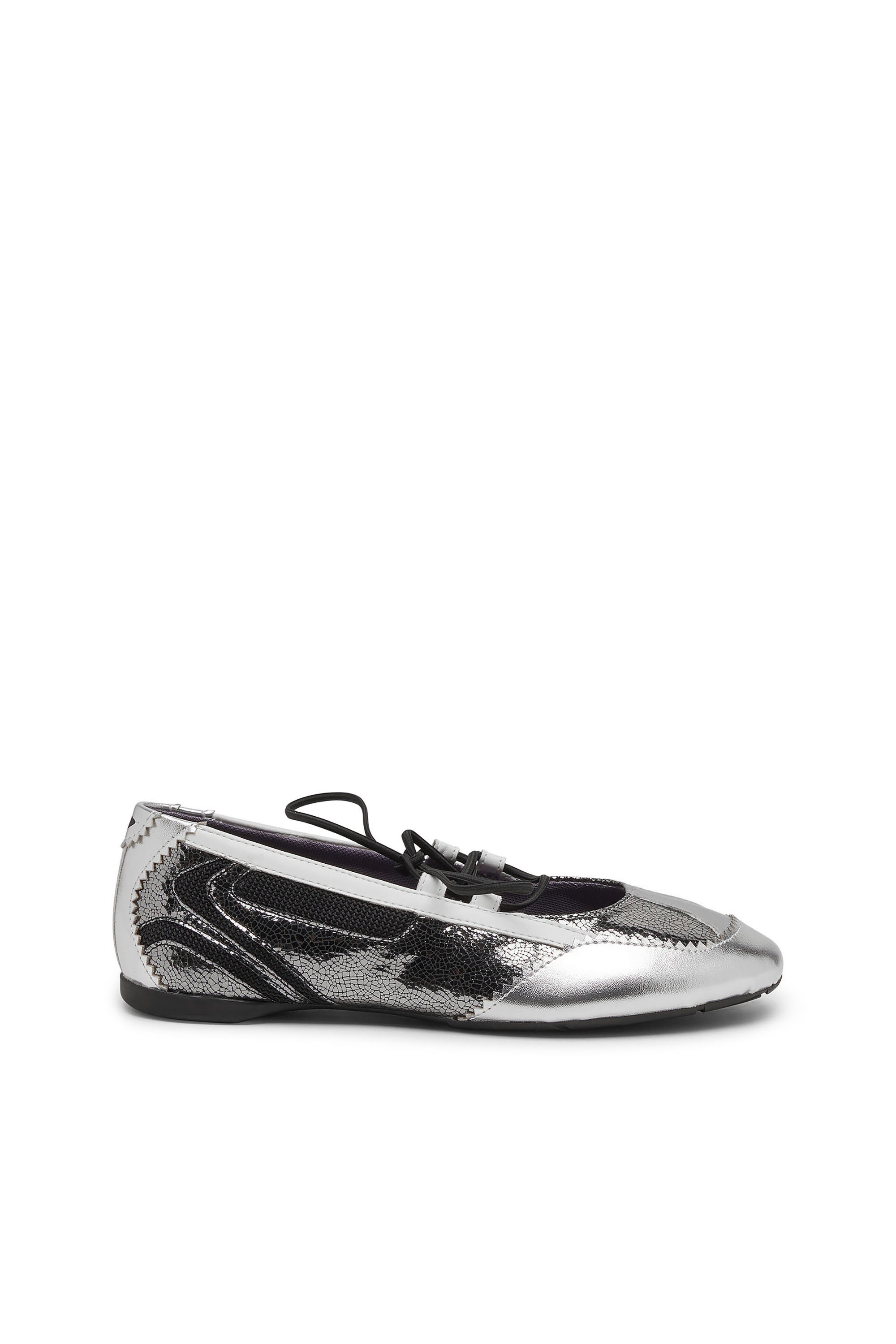 Diesel - D-MILE BALLERINA LACE UP W, Damen D-Mile-Metallic-Schnürballerinas in Silber/Schwarz - 1