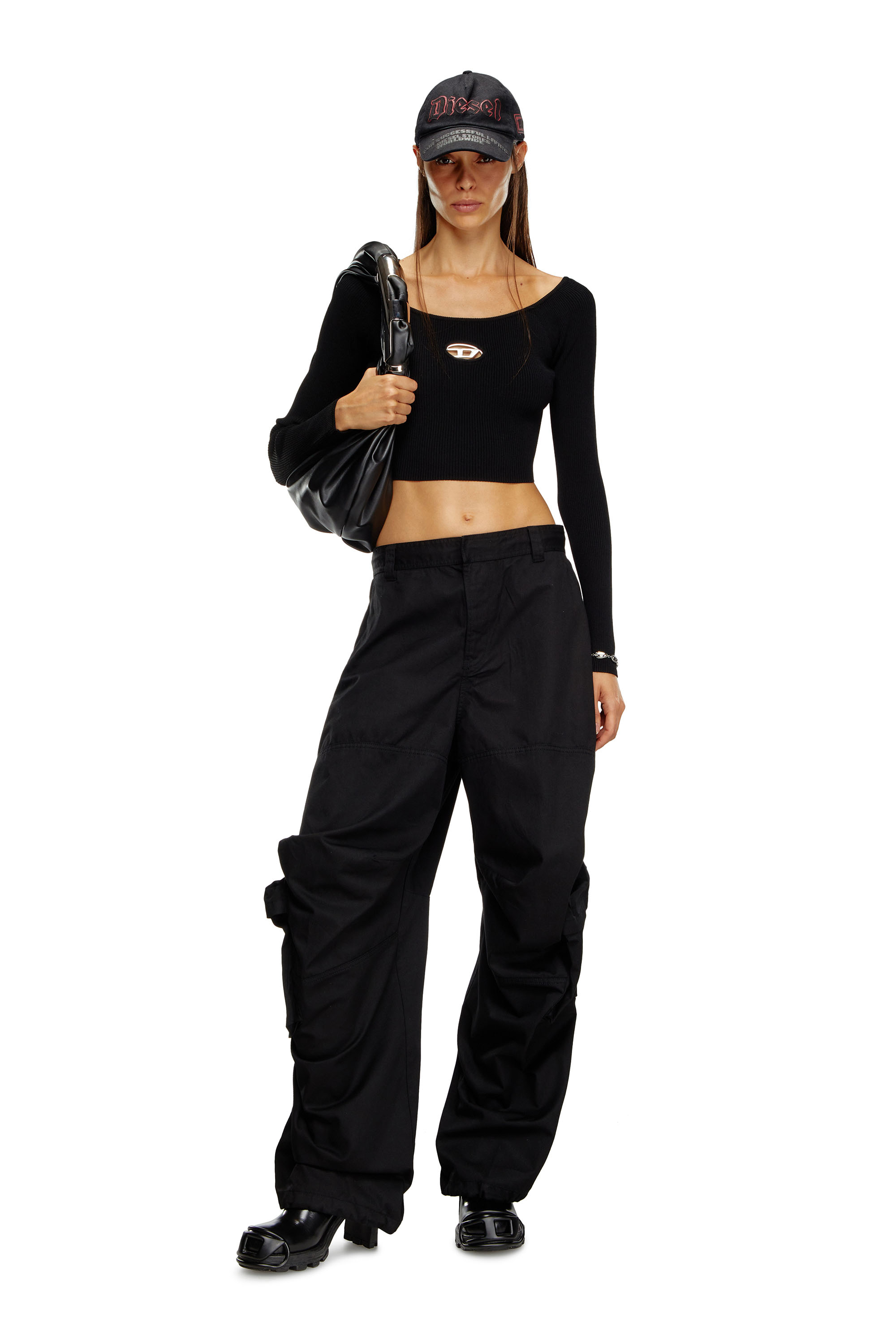 Diesel - M-VERA-LS, Damen Off-the-Shoulder-Top aus Rippstrick in Grau/Schwarz - 1