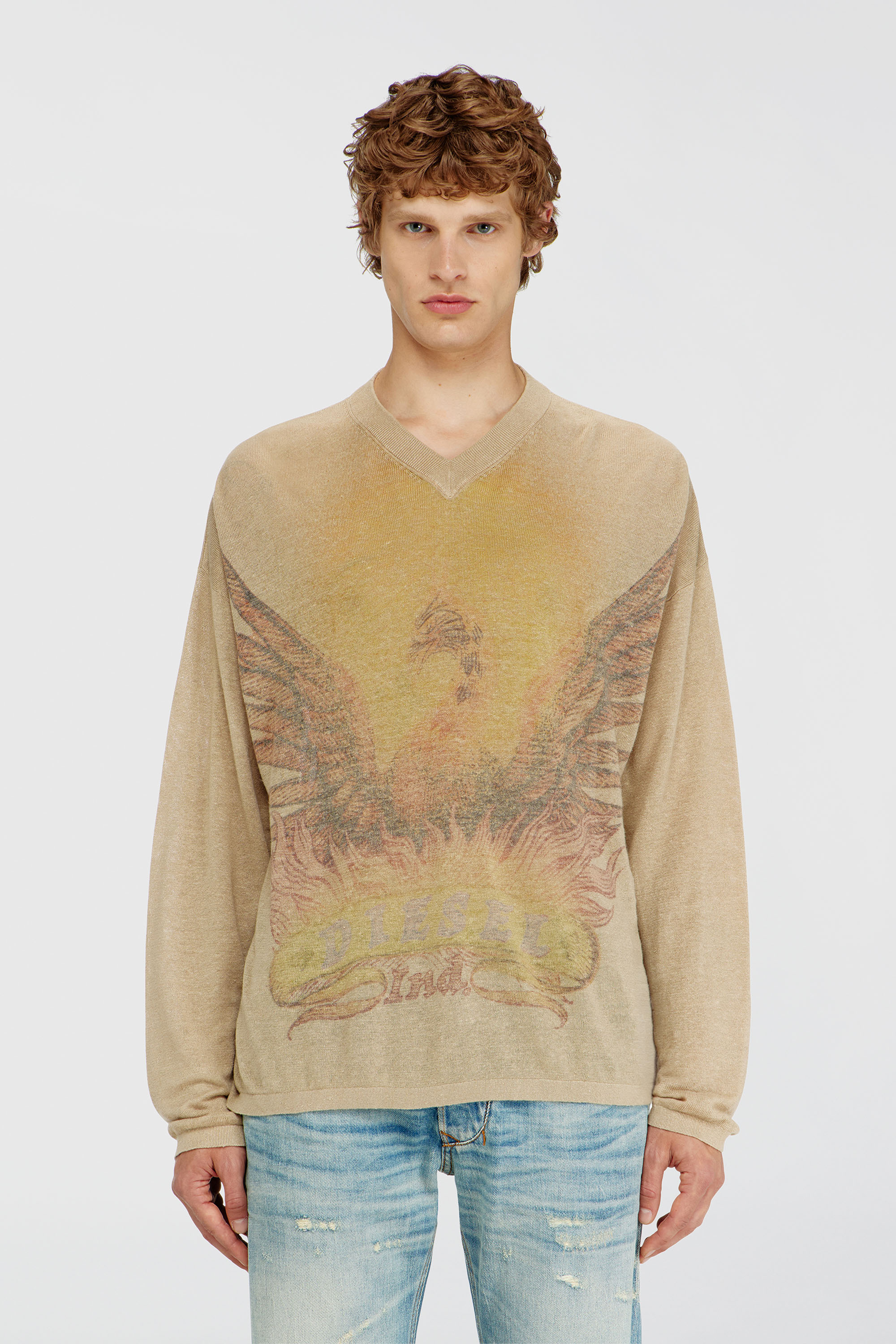 Diesel - K-ARMINS, Herren Leinenpullover mit verblasstem Phoenix-Print in Beige - 3