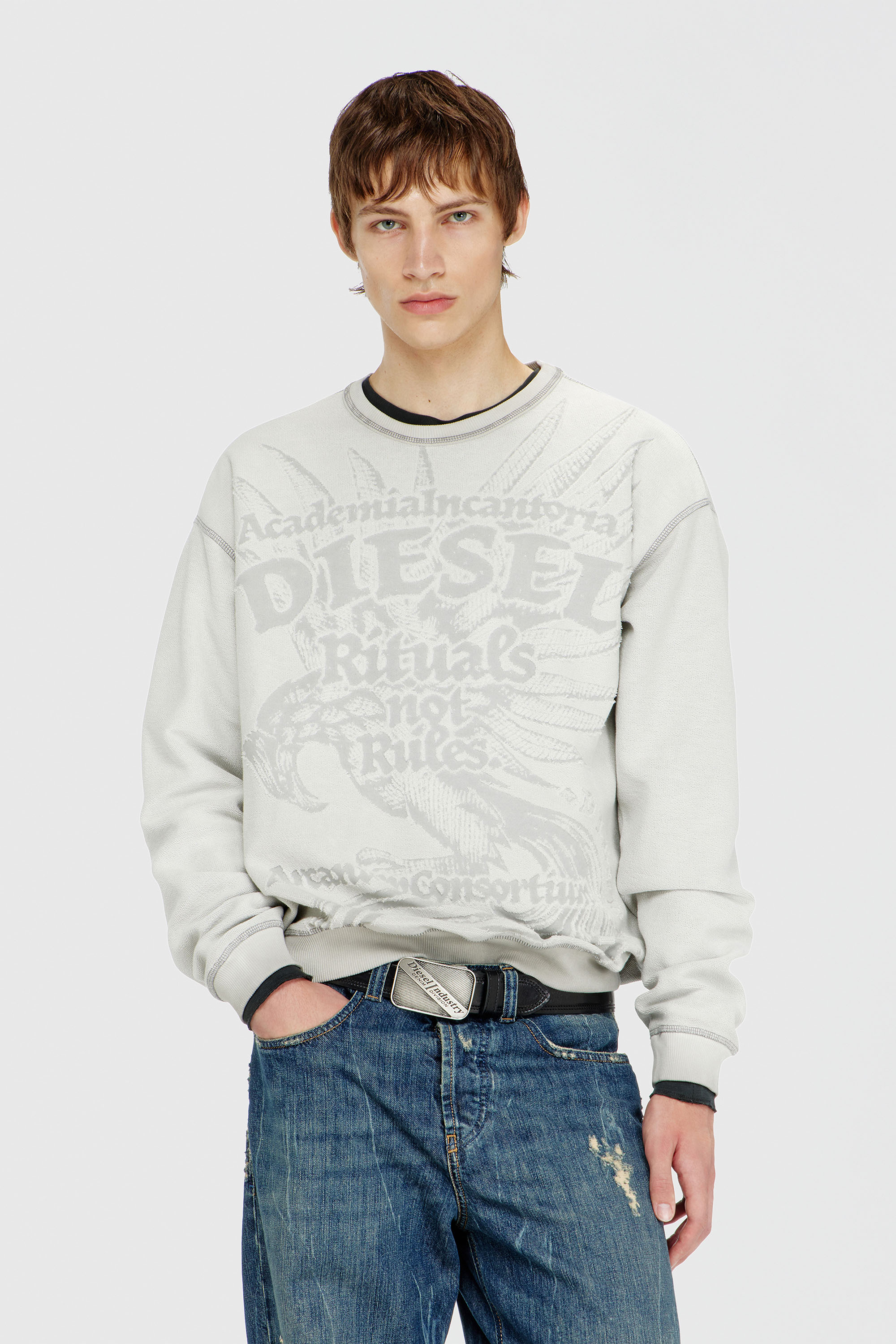Diesel - S-ARON-RAW, Herren Sweatshirt mit d&eacute;vor&eacute;-Print in Hellgrau - 3