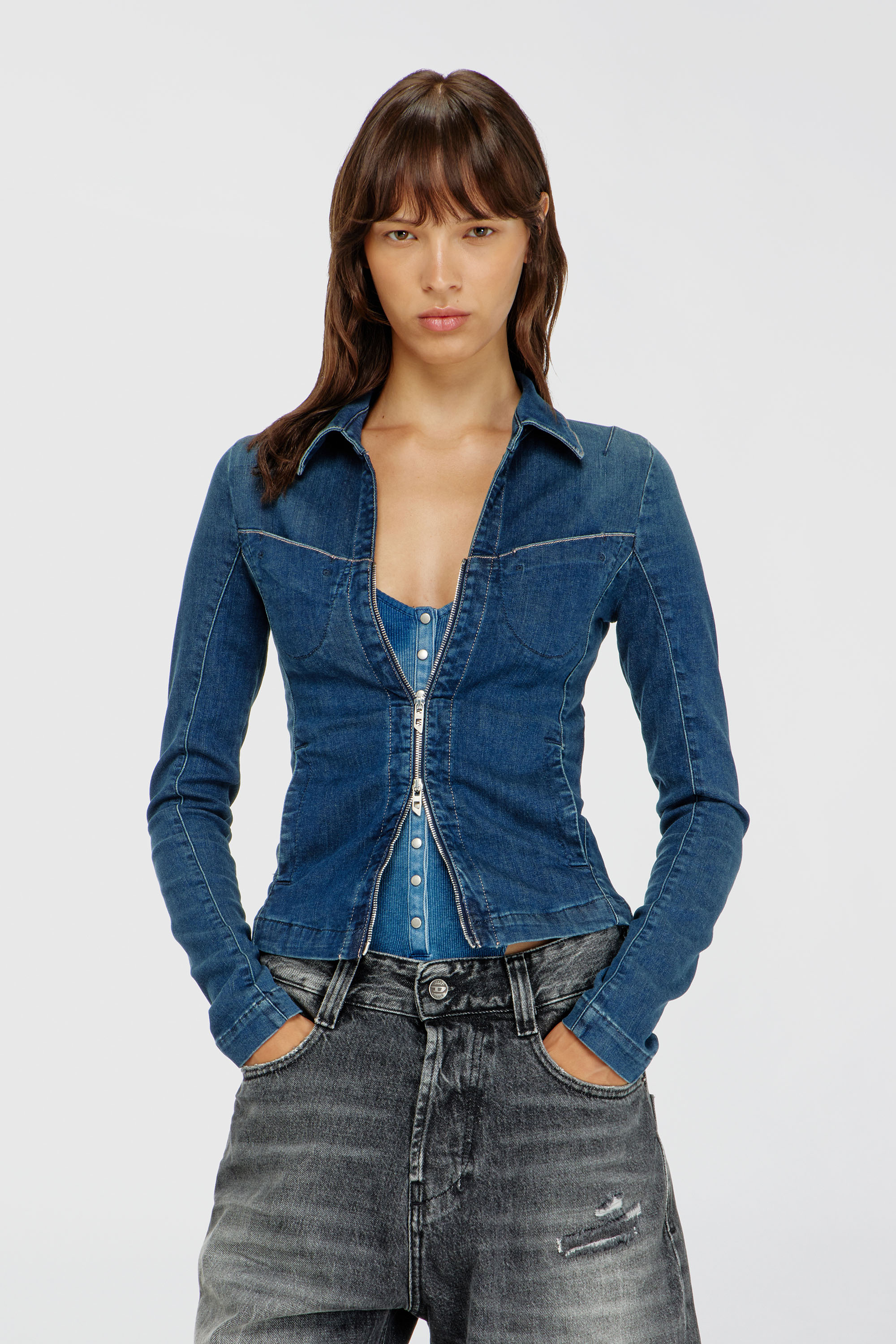 Diesel - DE-QUINOR-S1, Damen Hemd mit Rei&szlig;verschluss aus denim in Mittelblau - 1