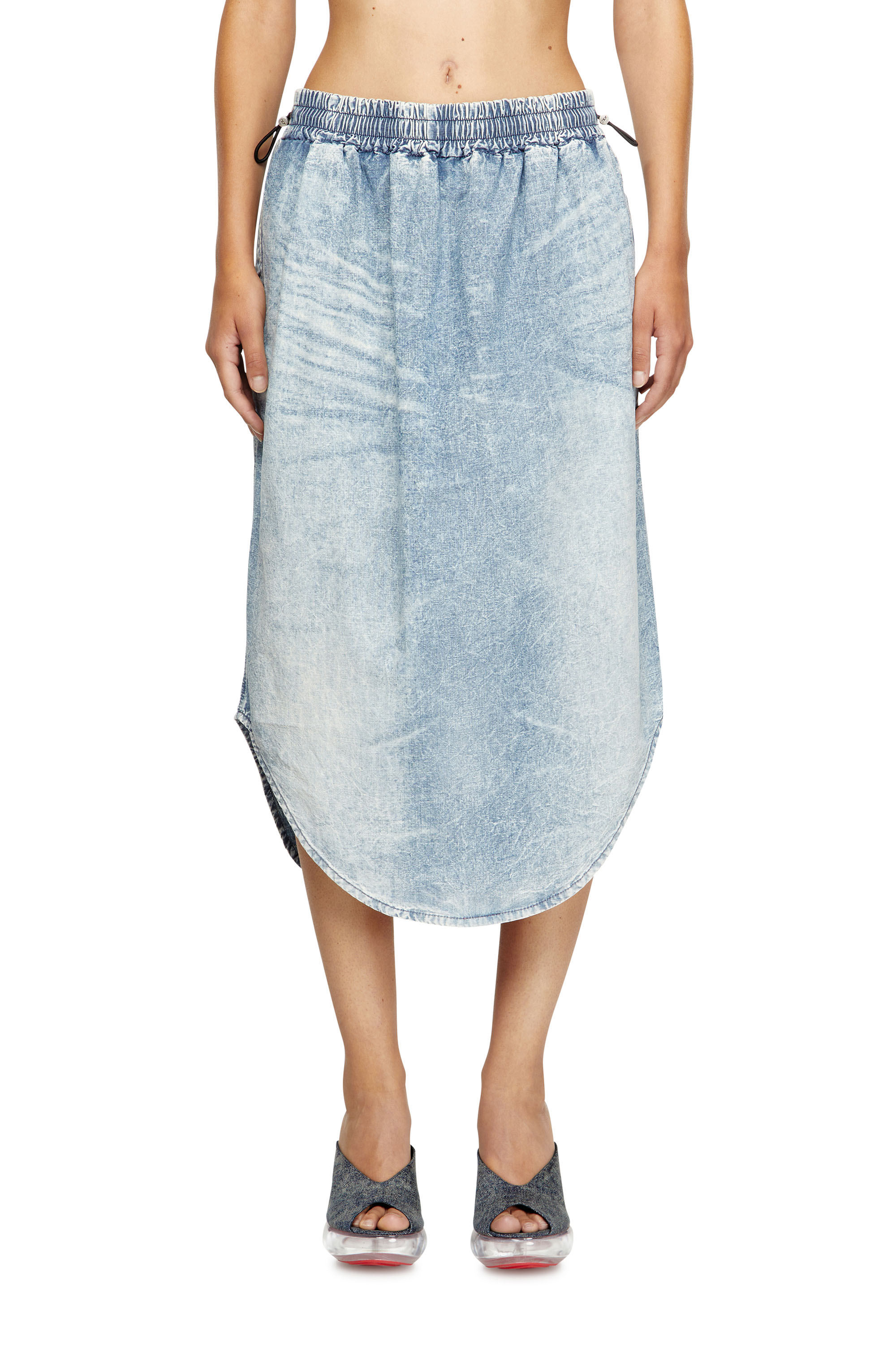 Diesel - DE-ASHLEY-S, Damen Midirock aus marmoriertem Denim in Hellblau - 1