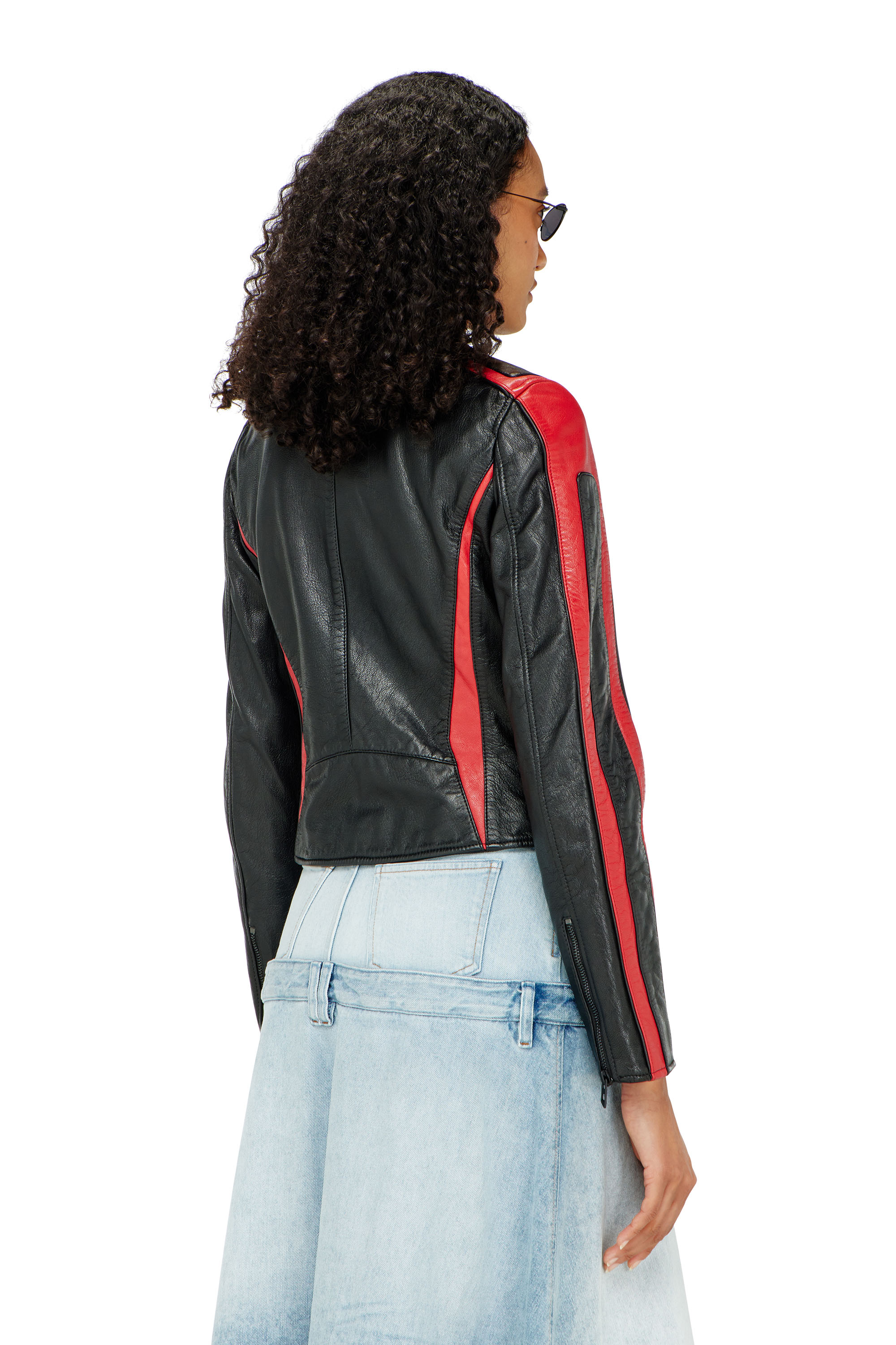 Diesel - L-OVABLE, Damen Bikerjacke aus Leder im Colour-Block-Design in Schwarz/Rot - 4