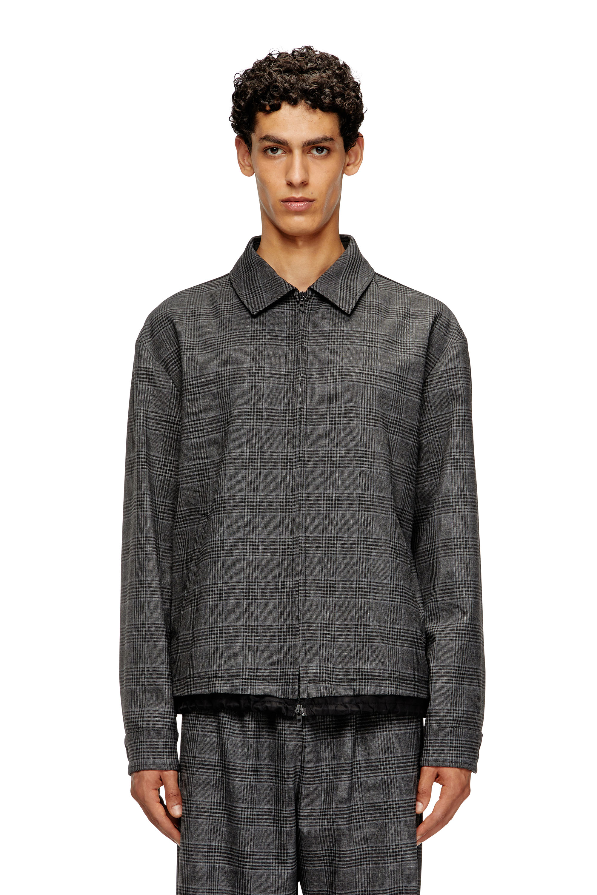 Diesel - J-TING, Man's Coach jacket in Prince of Wales wool blend and satin in Black/Grey - 1