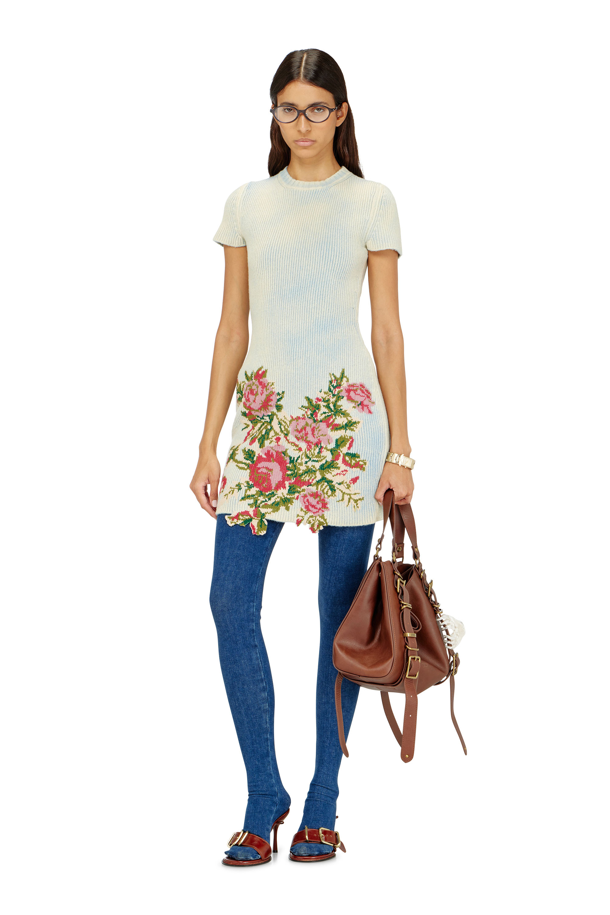 Diesel - M-RINNIE, Damen Kurzes Kleid aus Wollmischung mit Blumenmuster in Wei&szlig; - 1