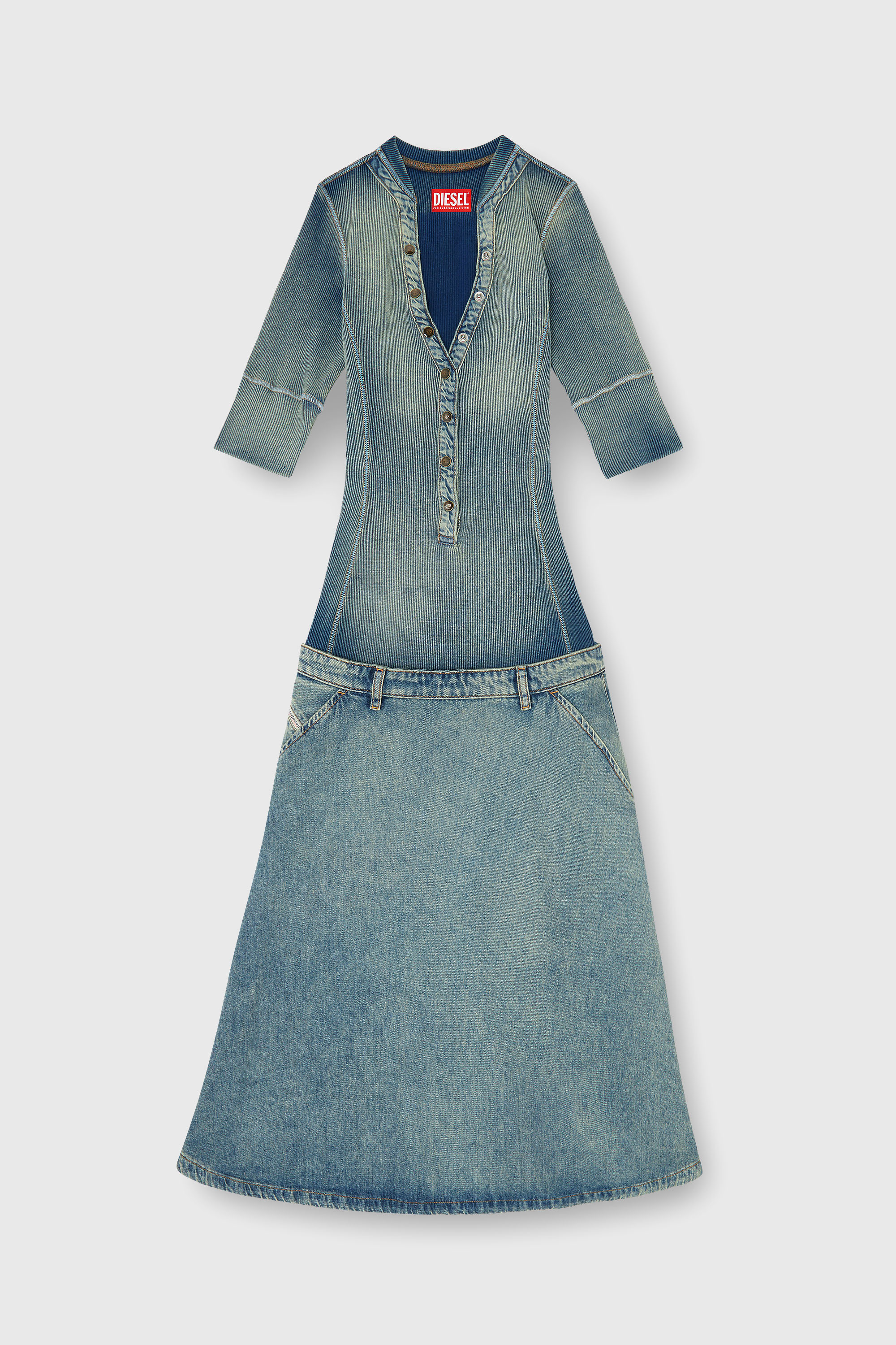 Diesel - DE-ANIM-S, Damen Midikleid mit tiefer Taille aus Strick und Denim in Mittelblau - 1