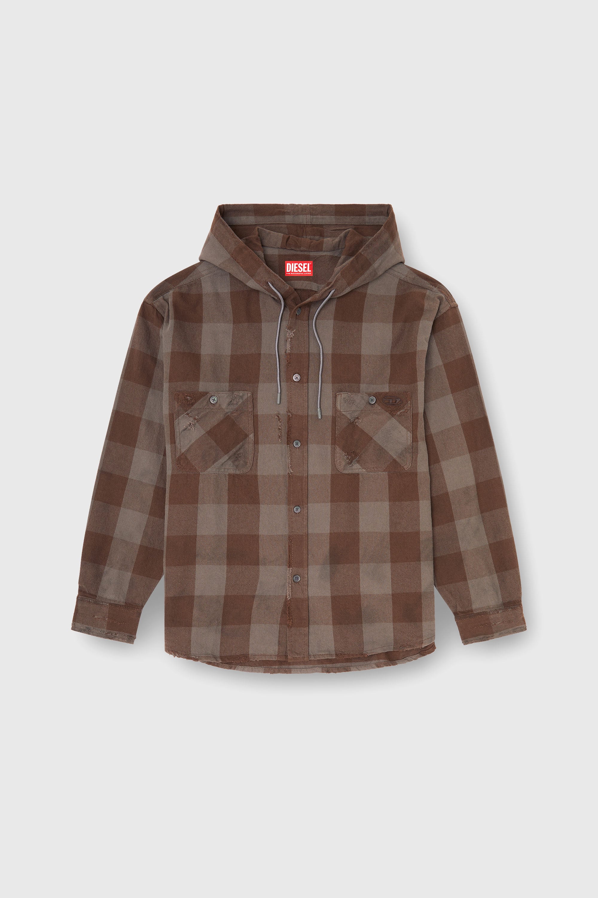 Diesel - S-DRUM-HOODY, Herren Kapuzenshirt aus distressed kariertem Flanell in Braun - 2
