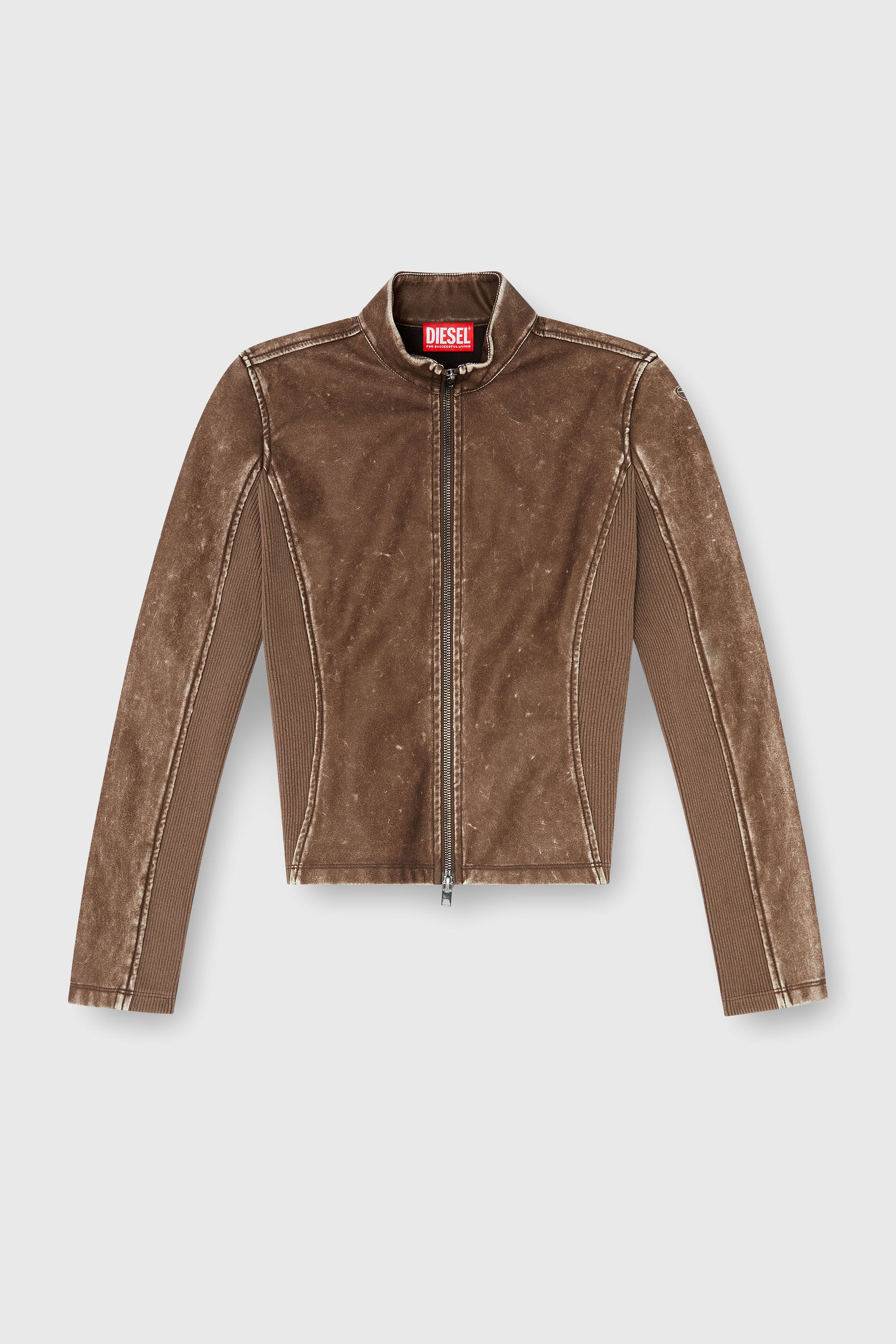 Diesel - T-HUNDER, Damen Bikerjacke mit Rippstrickeins&auml;tzen in Braun - 2