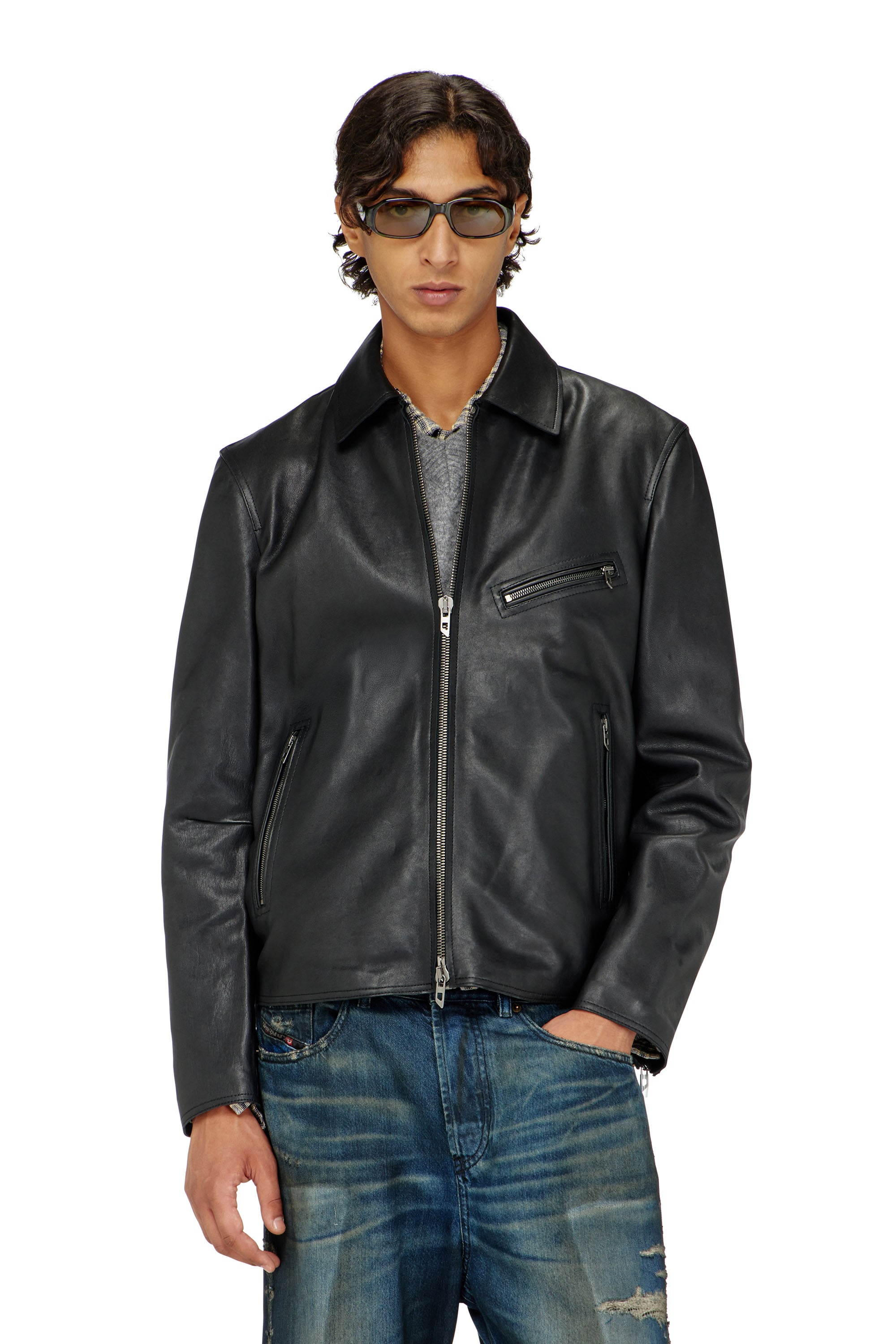 Diesel - L-KORN-A, Herren Jacke aus Leder mit Oval D-Pr&auml;gung in Schwarz - 1