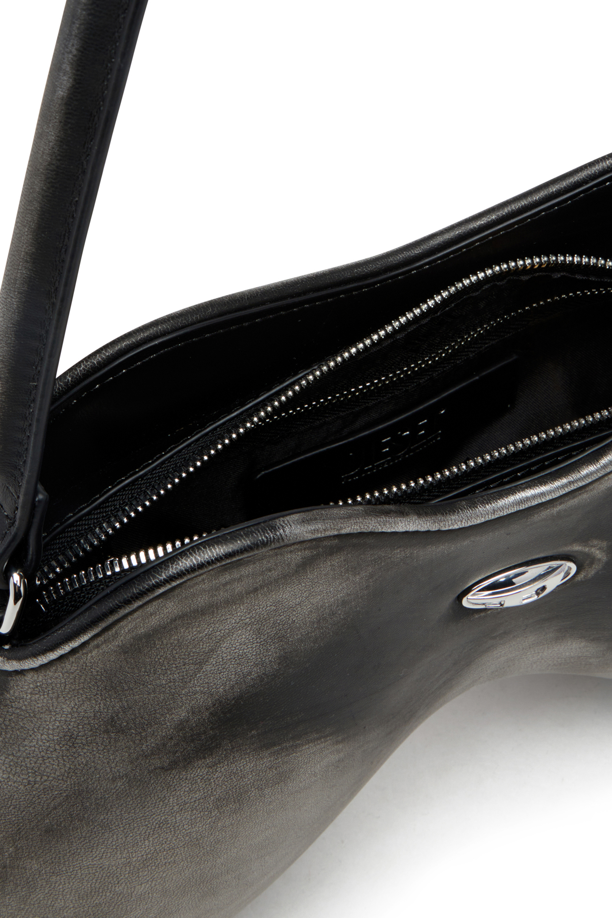 Diesel - DOUBLE-D SHOULDER, Damen Double-D-Feste Schultertasche aus gebürstetem PU in Schwarz/Silber - 3