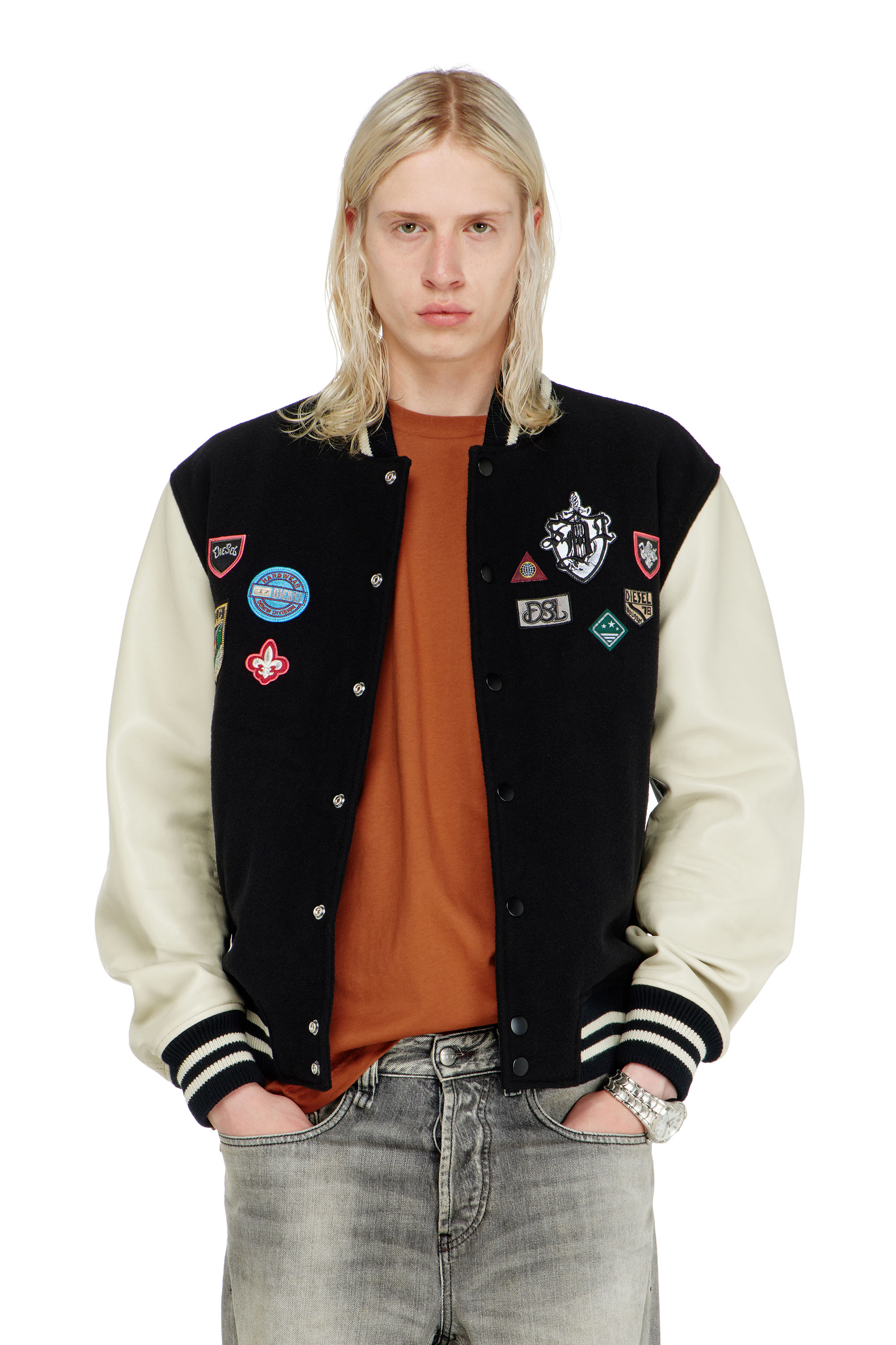 Diesel - L-ARRY-PATCH, Herren Bomberjacke aus Wolle und Leder mit Patches in Weiss/Schwarz - 1