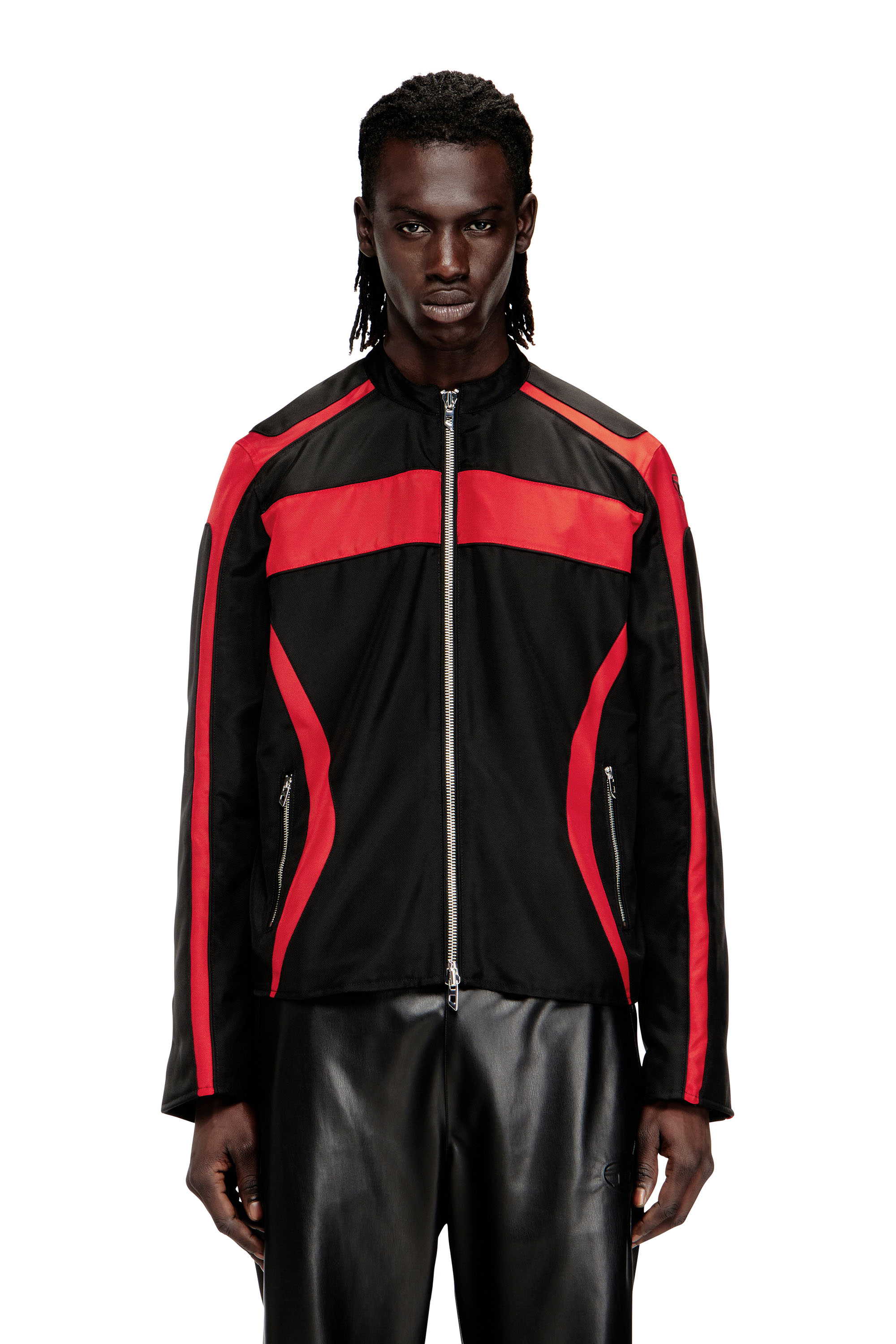 Diesel - J-ADAM-PDAI, Herren Bikerjacke im Colourblock-Design aus Canvas in Schwarz/Rot - 1