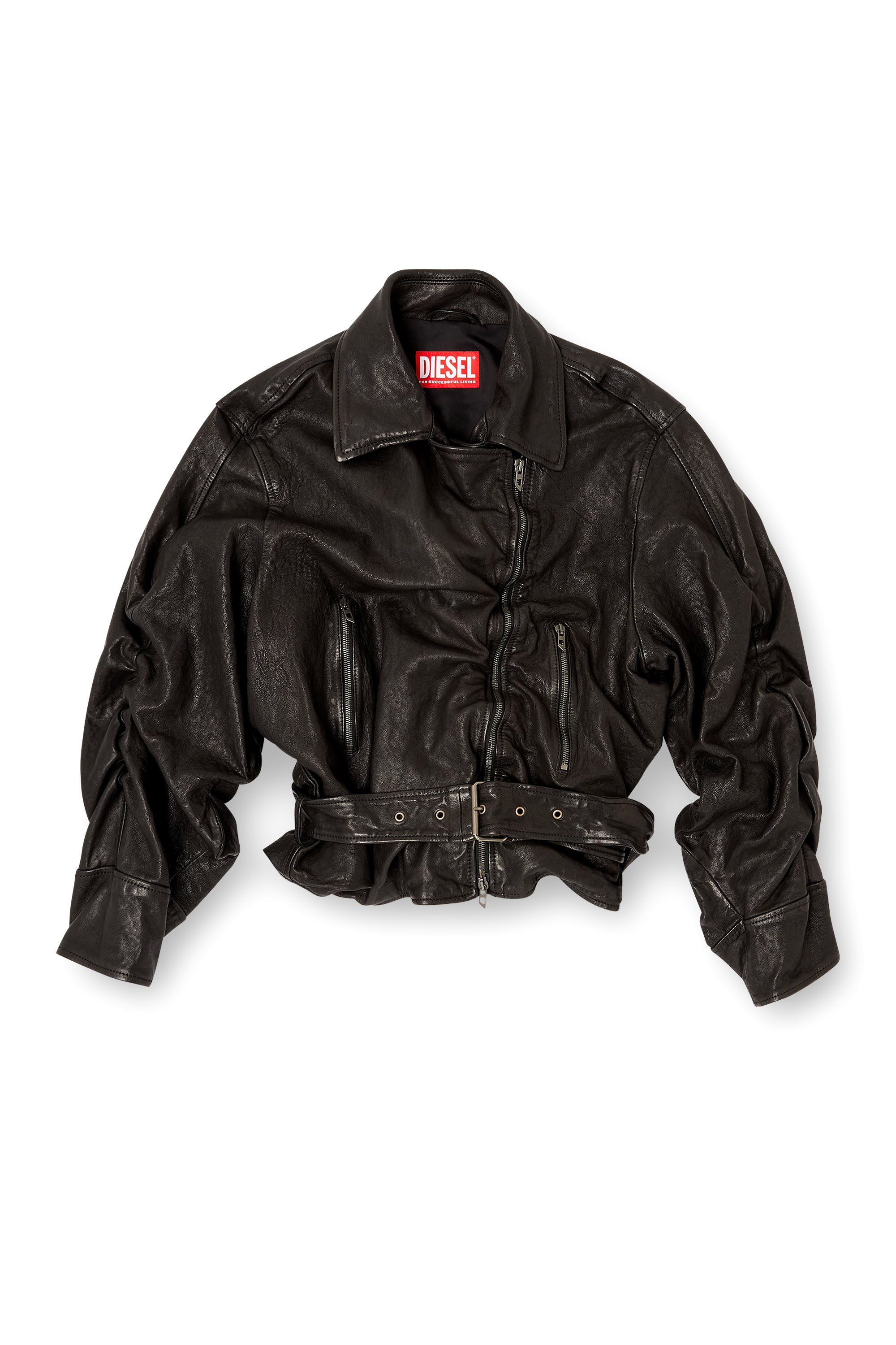 Diesel - L-OYS, Damen Jacke mit Gürtel aus thermischem Leder in Schwarz - 3