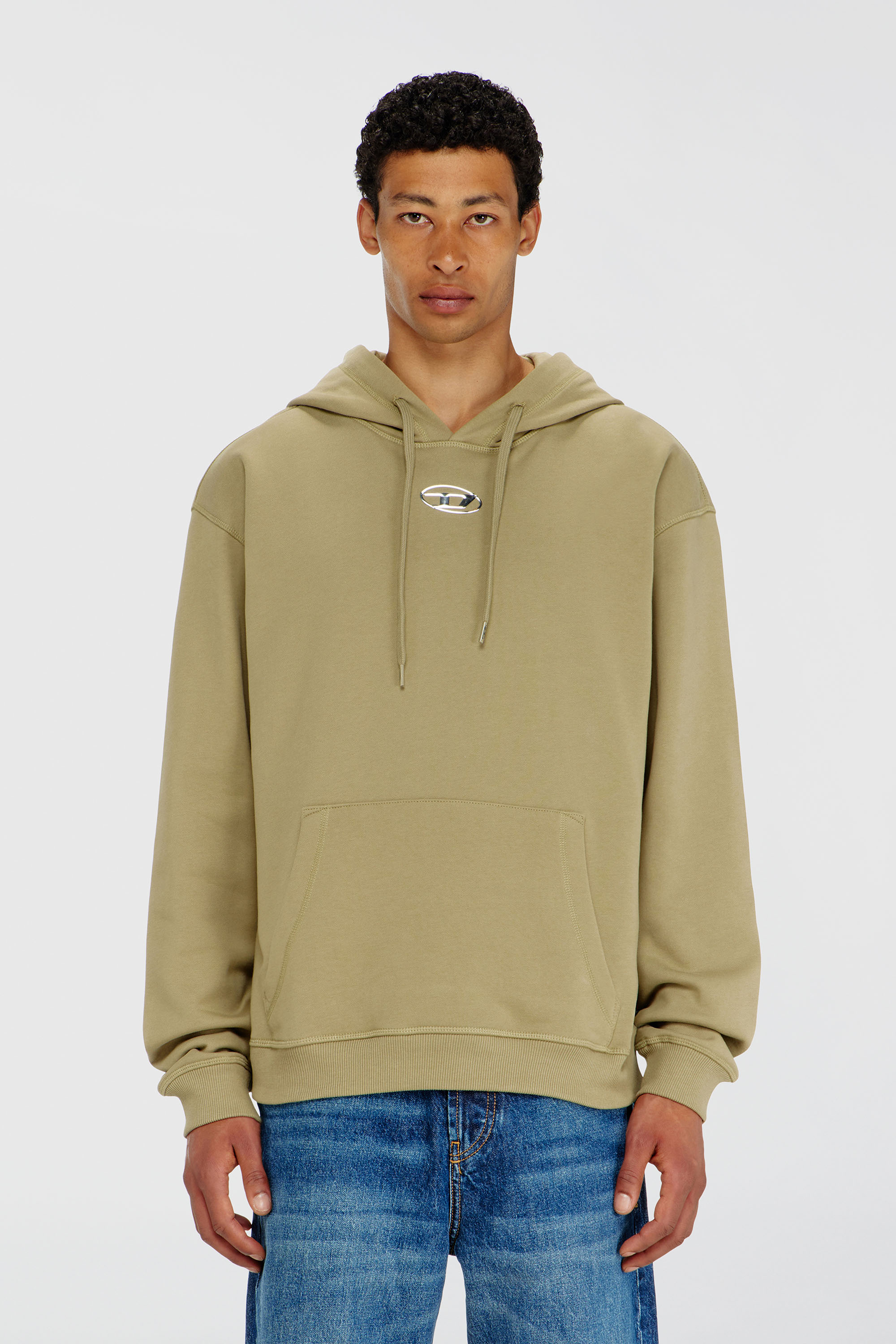 Diesel - S-NORM-HOOD-IOD, Herren Baumwoll-Hoodie mit metallischem Oval D in Olivgr&uuml;n - 1