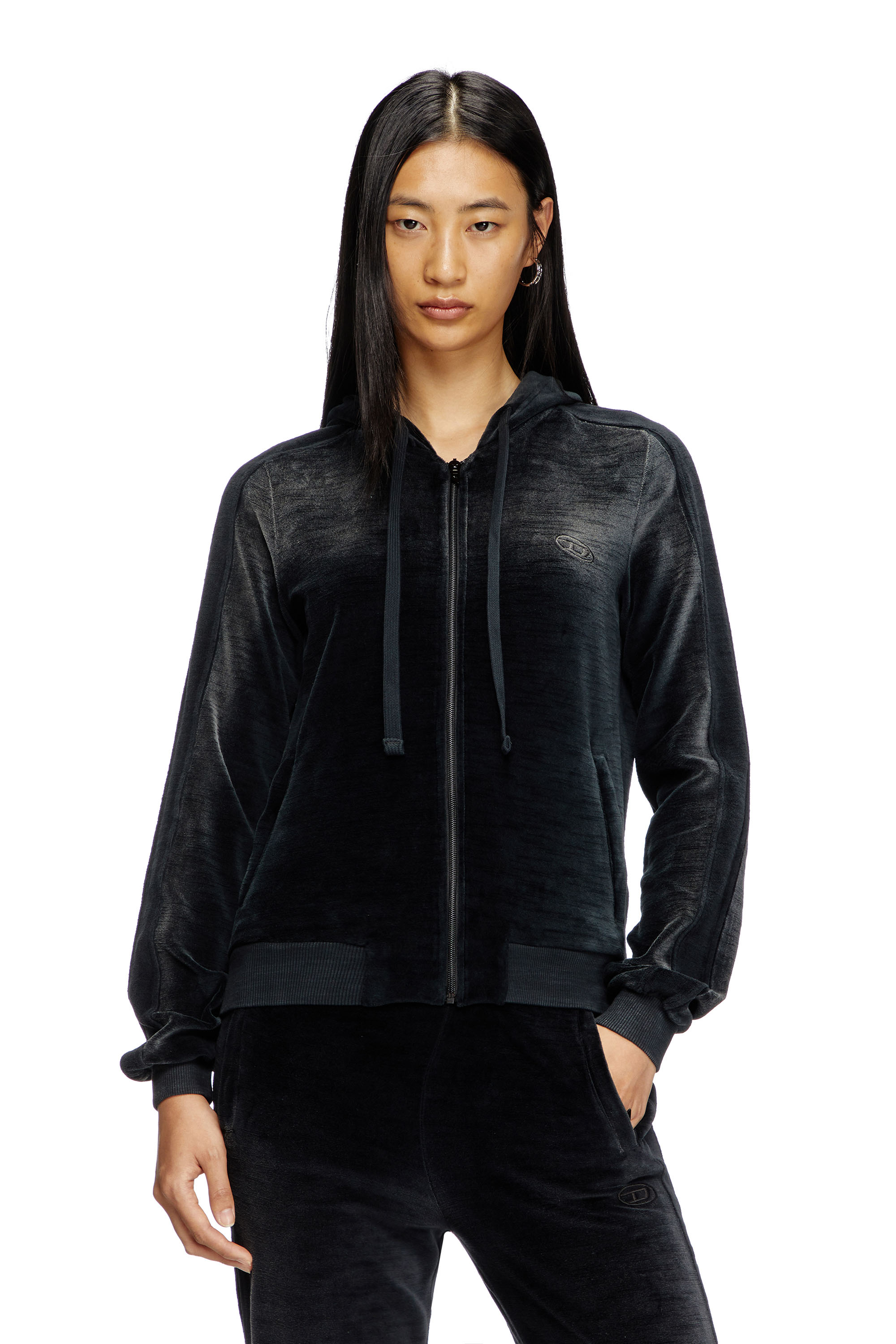 Diesel - F-ELY-Q1, Damen Hoodie mit Reißverschluss aus verblasster Chenille in Schwarz - 3