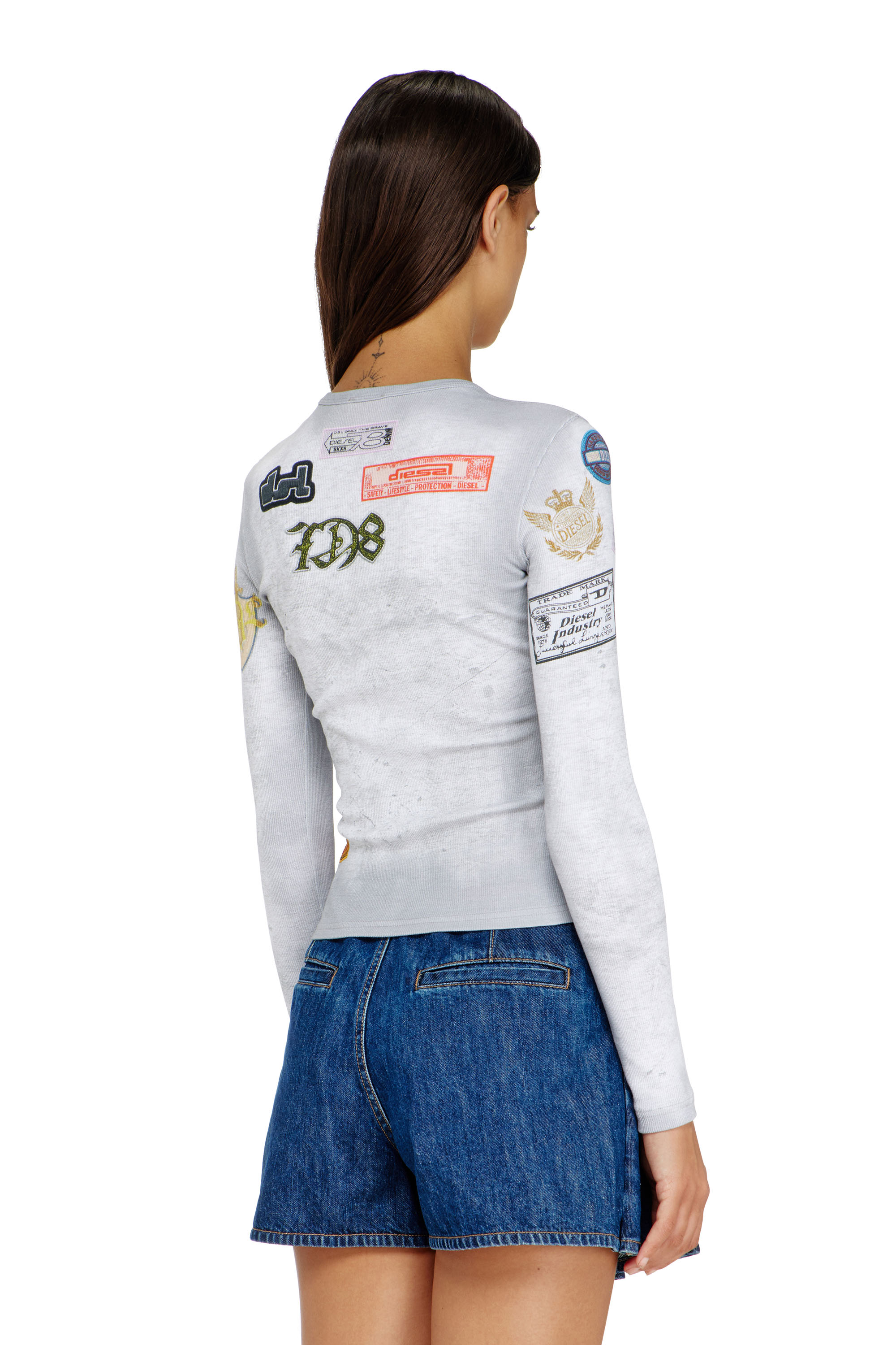 Diesel - T-ELE-LONGSLEEVE, Damen Top aus Rippjersey mit all-over Patch-Print in null - 4