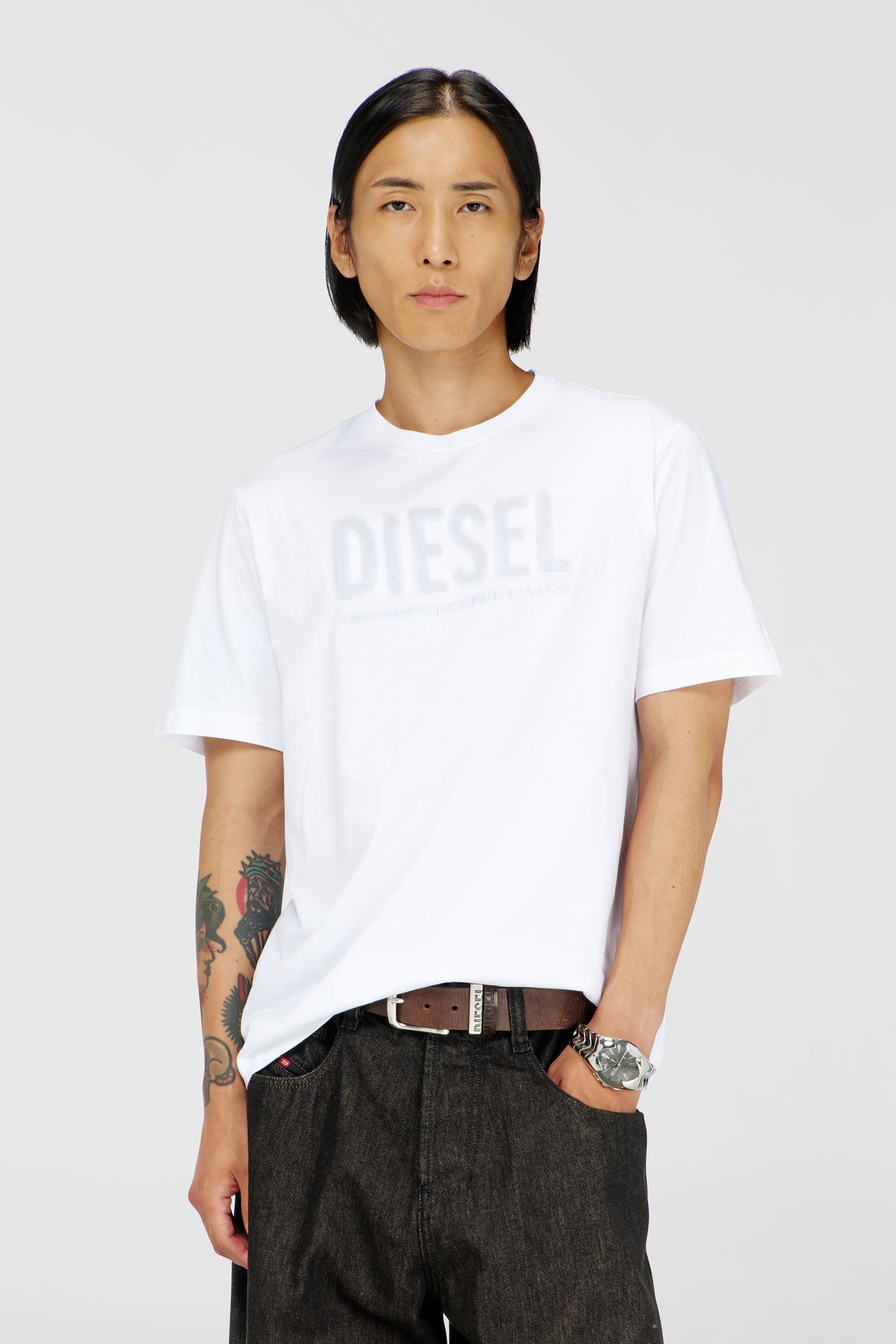 Diesel - T-JUST-OVA-T92, Herren T-Shirt aus Baumwolle mit tonalem Diesel-Logoprint in Wei&szlig; - 1