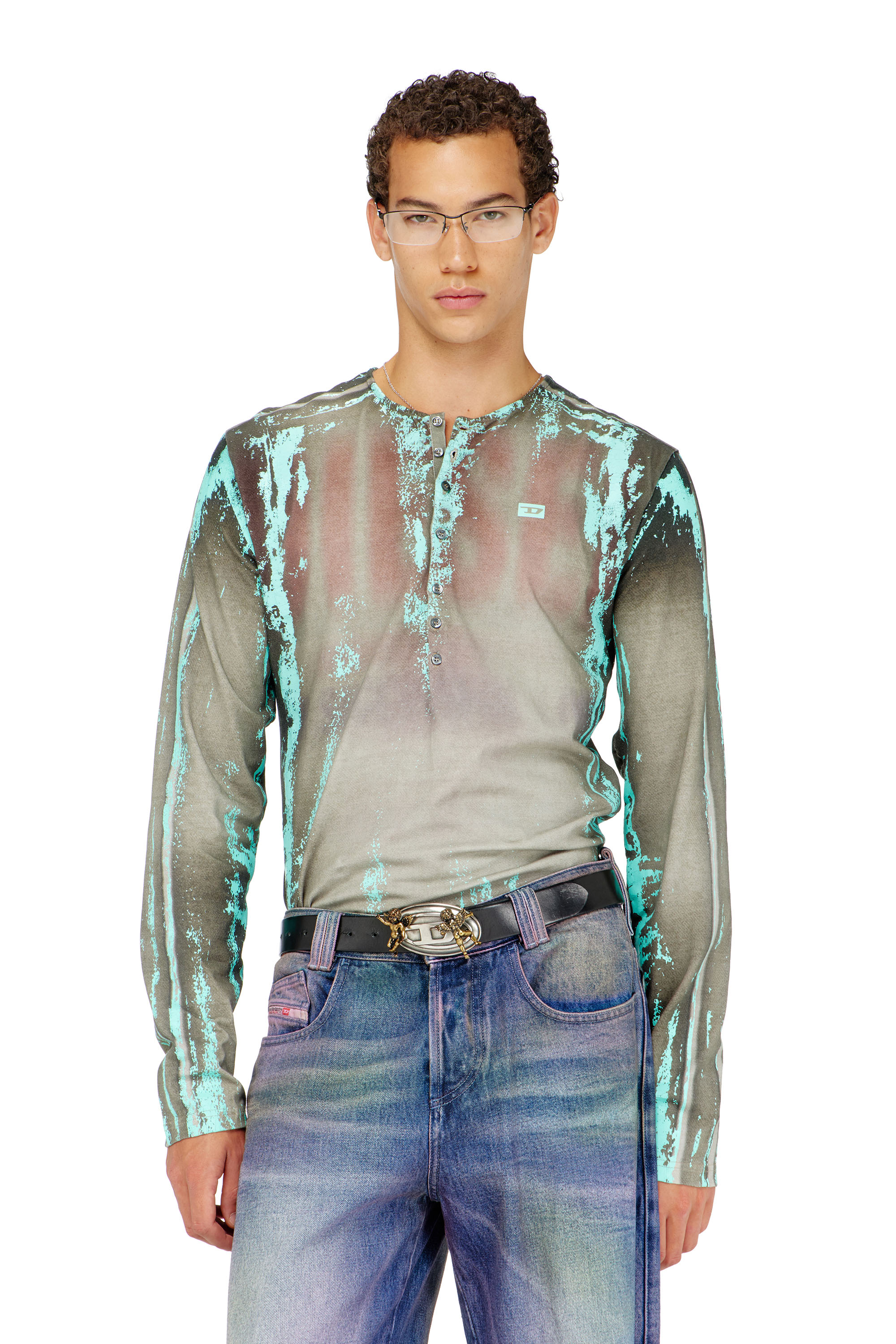Diesel - T-FYNO-ML, Herren Grandad T-Shirt aus Jersey mit Leder-Crack-Effekt in null - 2