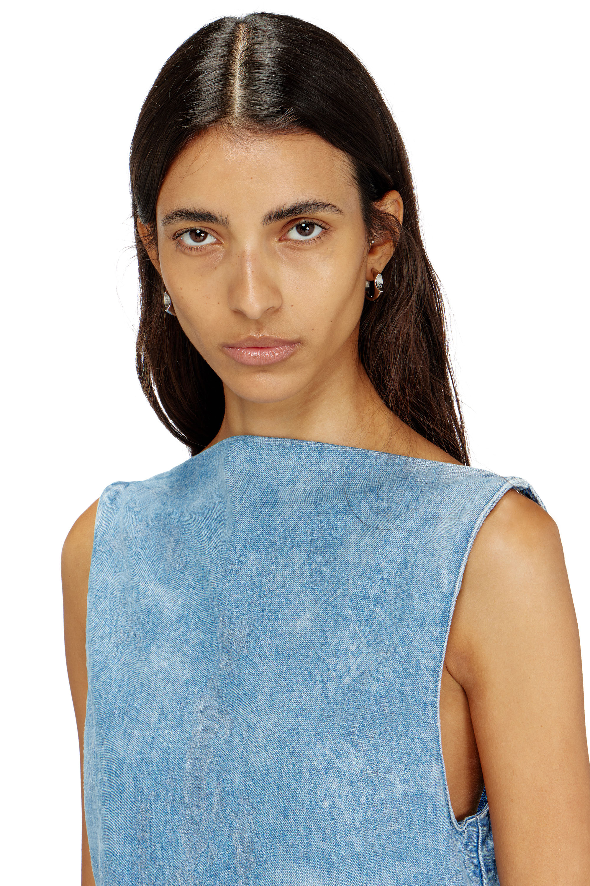 Diesel - DE-SELUNE-FSI, Damen Kurzes Kleid aus Satin-Denim in Blau - 4